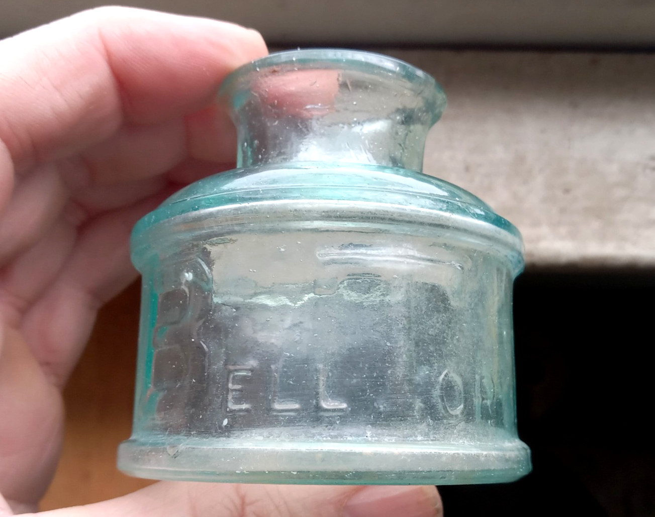 BELL TOP PAT APR.21st 1868 EMB FLARED LIP INK BOTTLE HAND BLOWN NICE