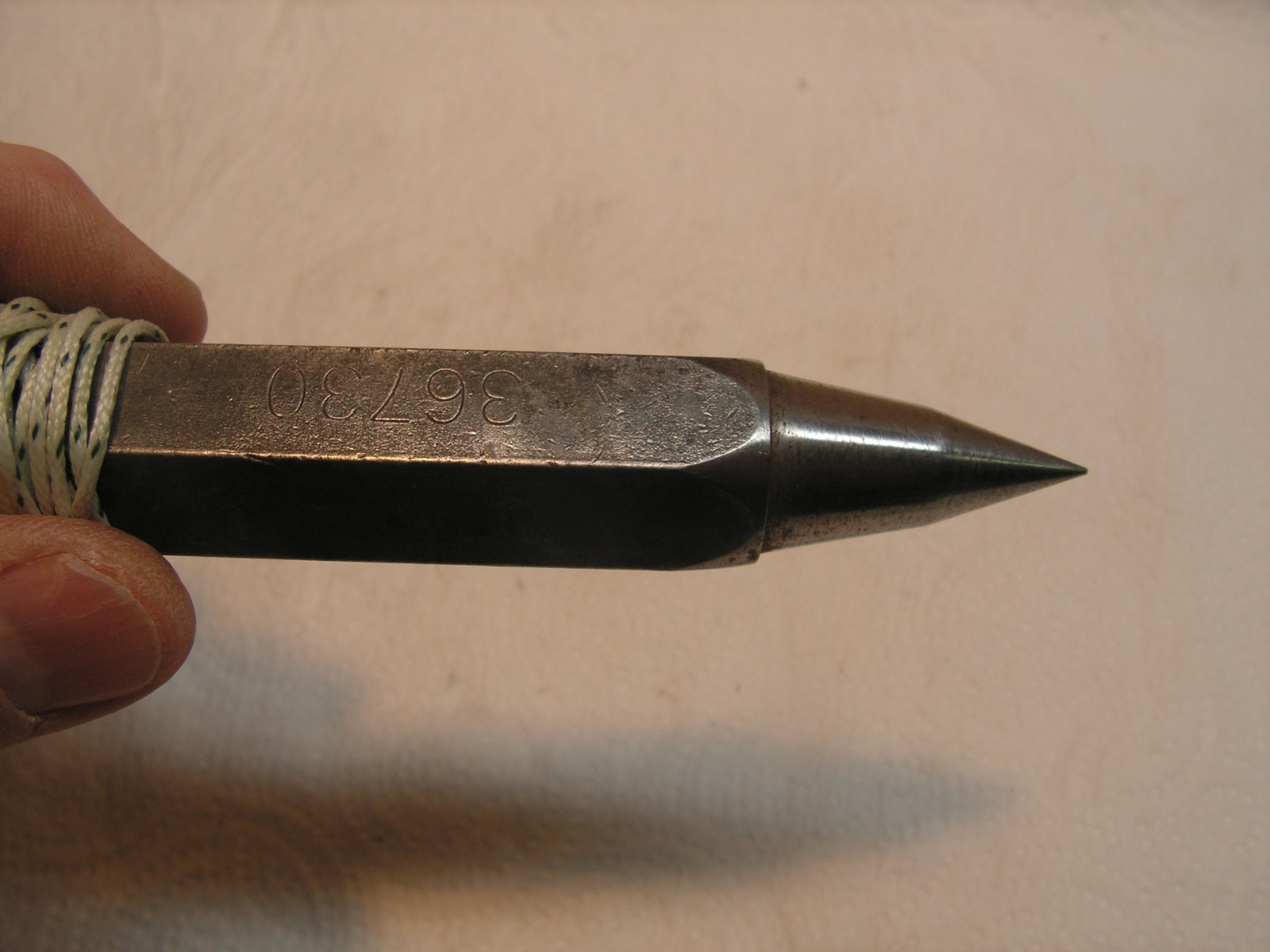 Vintage 12oz Plumb Bob With Nylon Cord 12'+ Hex Body, Nice Sharp Point