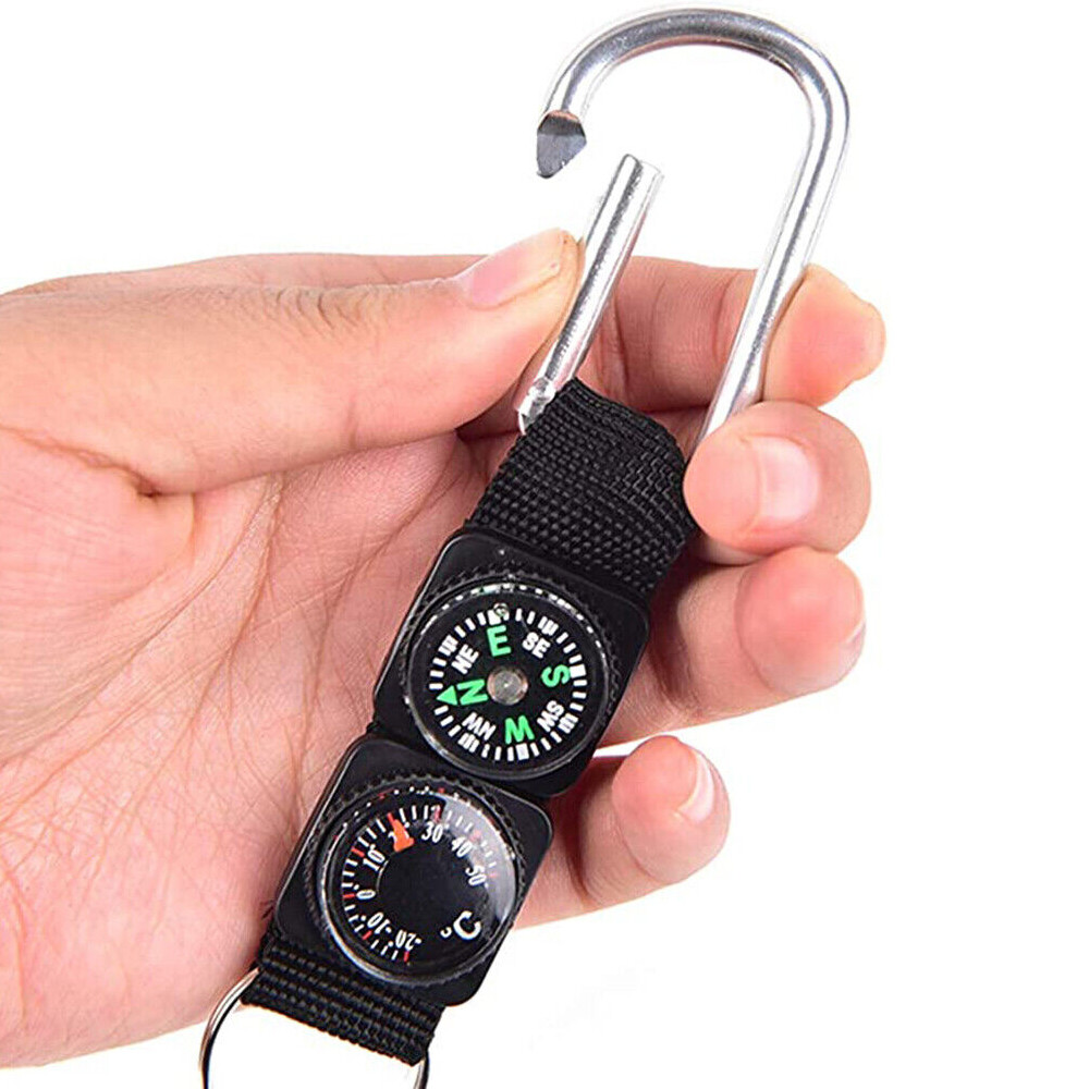 3PCS Mini Compass Thermometer Outdoor Camping Survival Keychain Carabiner Kits