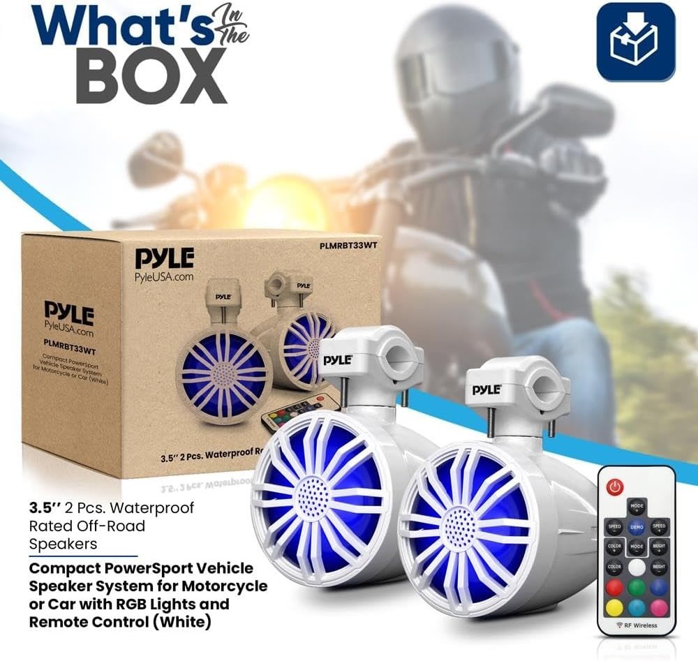 Pyle Bluetooth Waterproof Off-Road Speakers - 3.5” 40W Marine Grade w/RGB Light
