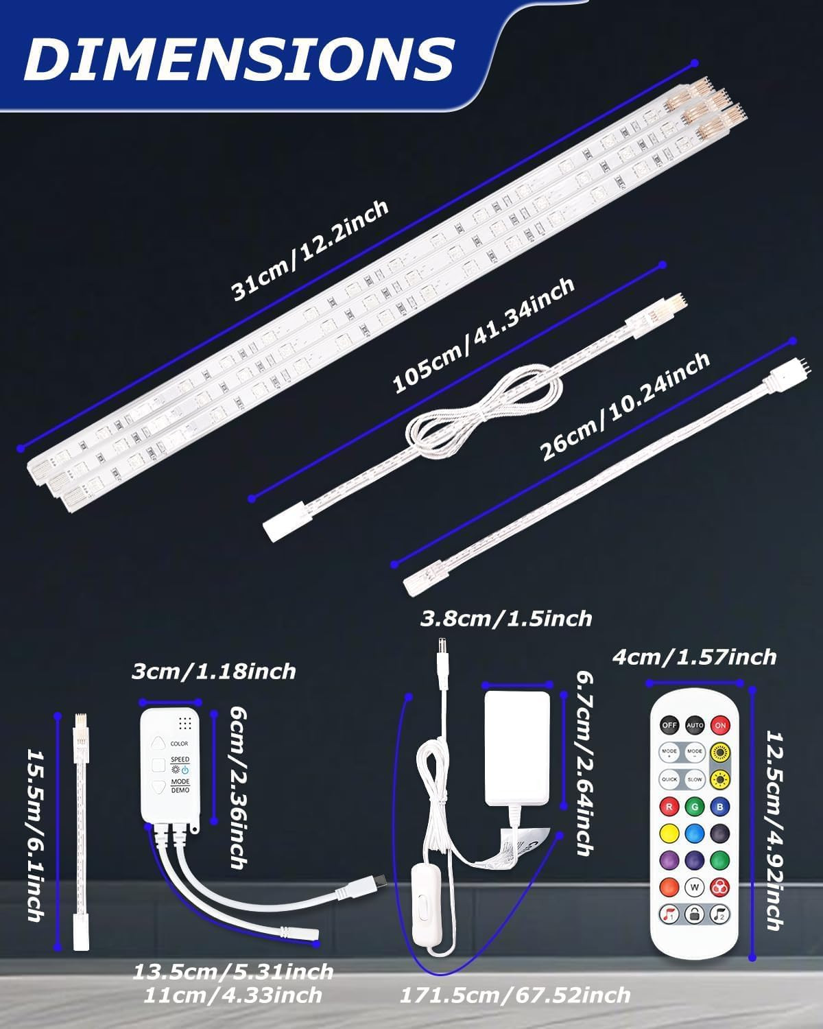 Color Cabinet Lighting, 4Pcs 12" Linkable RGB LED Light Bar Kit for Display Cabi