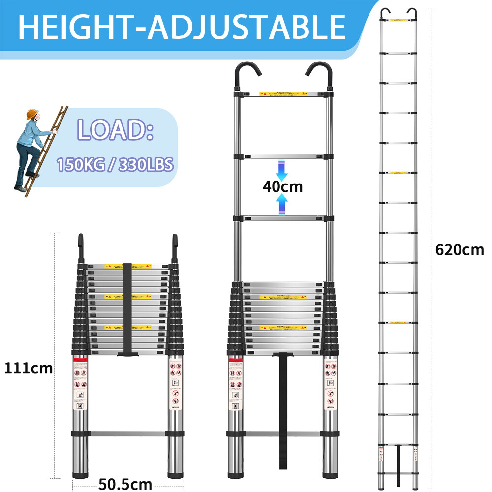 6.2M Portable Heavy Duty Aluminium Telescopic Ladder Extendable With Safety Hook