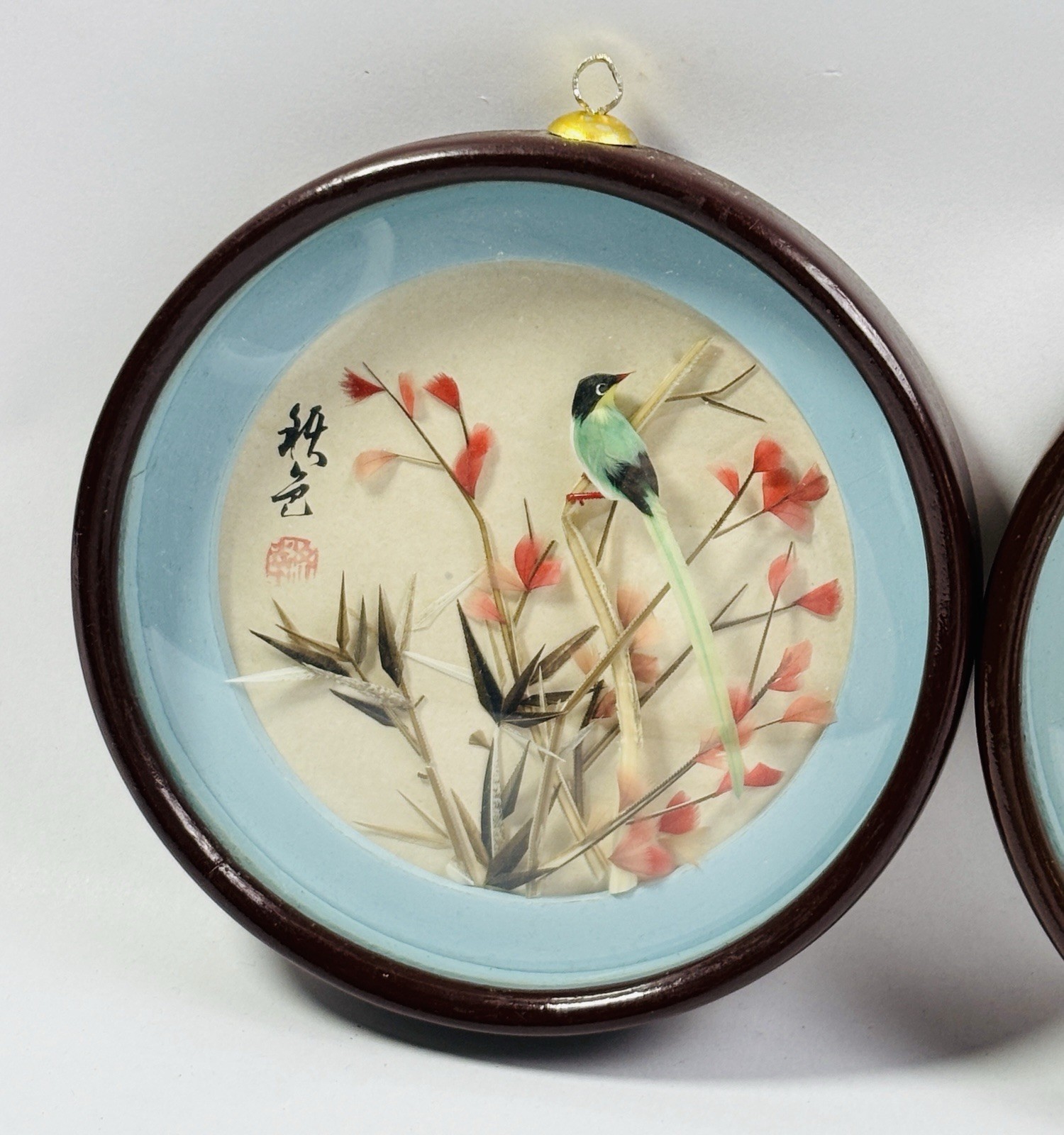 Lot of 2 Vintage Chinoiserie 3D Bird Feather Art Shadow Boxes