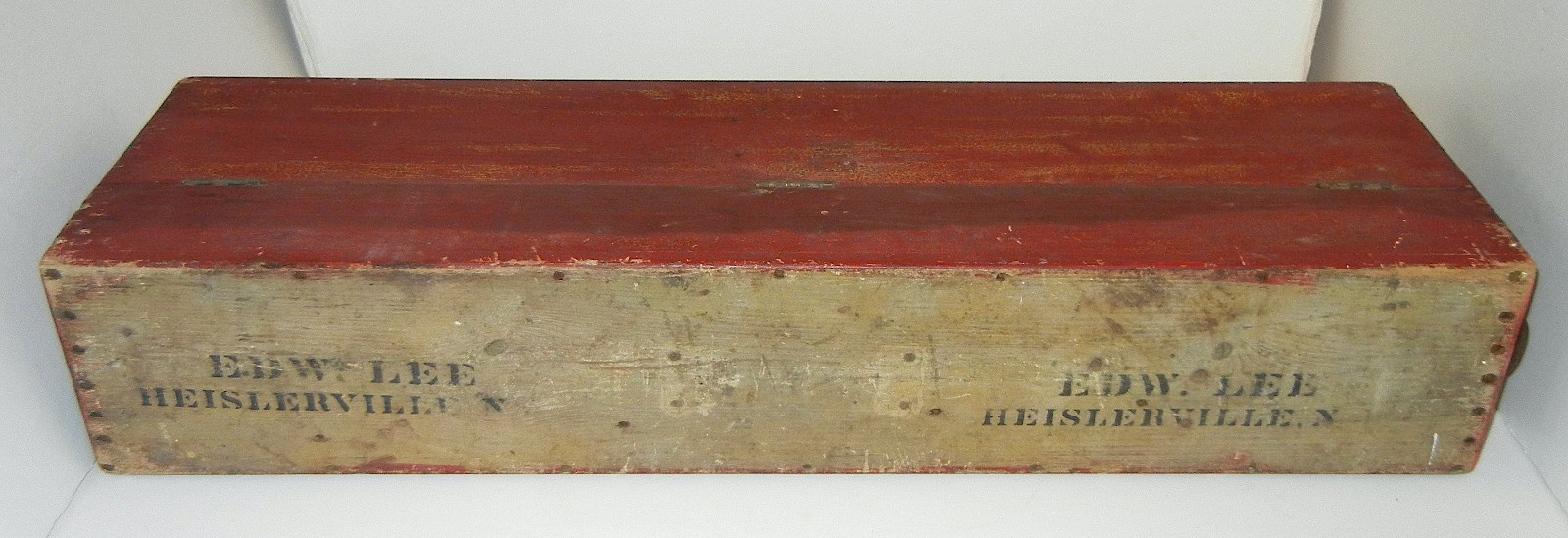 VINTAGE ANTIQUE ED LEE HEISLERVILLE NJ CARPENTER WOOD TOOL BOX OLD RED PAINT