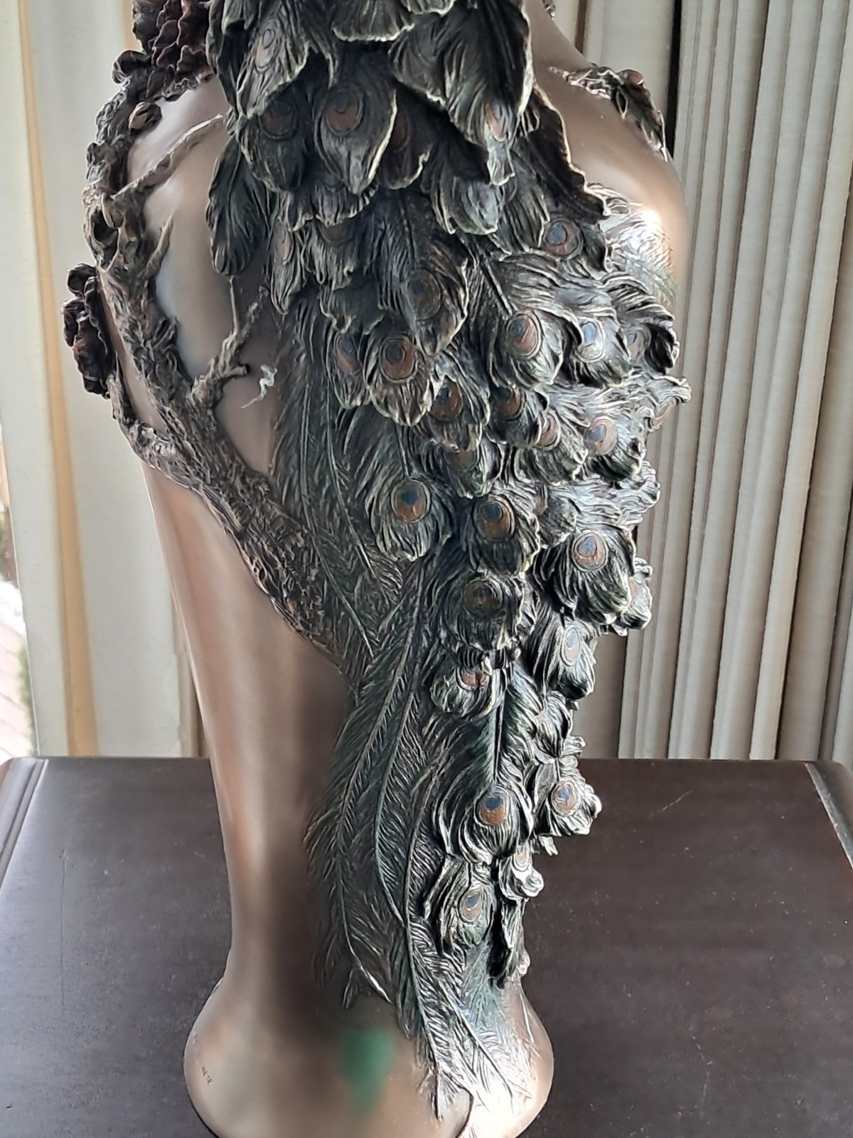 Bronze Style Prunus And Peacock Large Decorative Flower Vase ~ 19.5" Signed