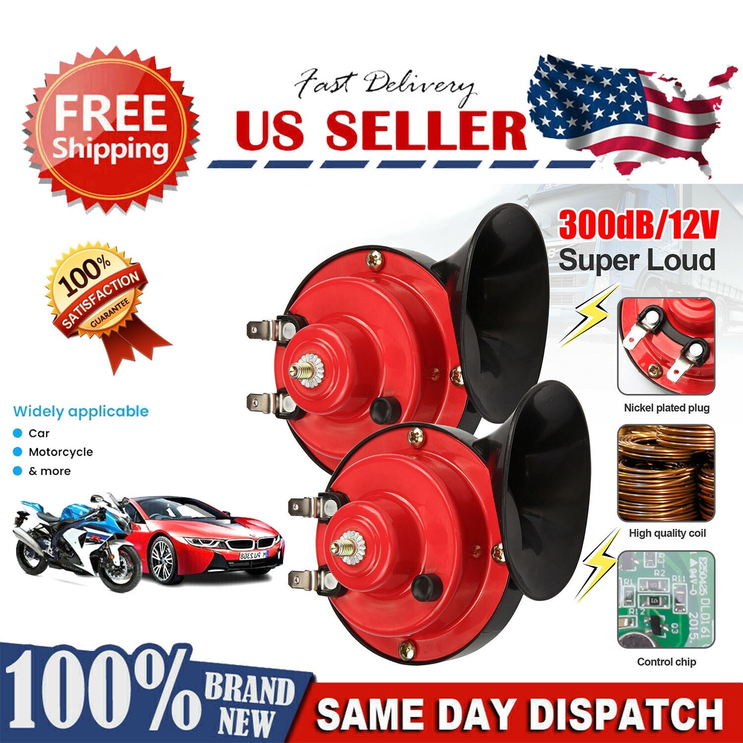 2x 12V 300DB Super Loud Train Horn Waterproof Motorcycle Car Truck SUV Boat Red