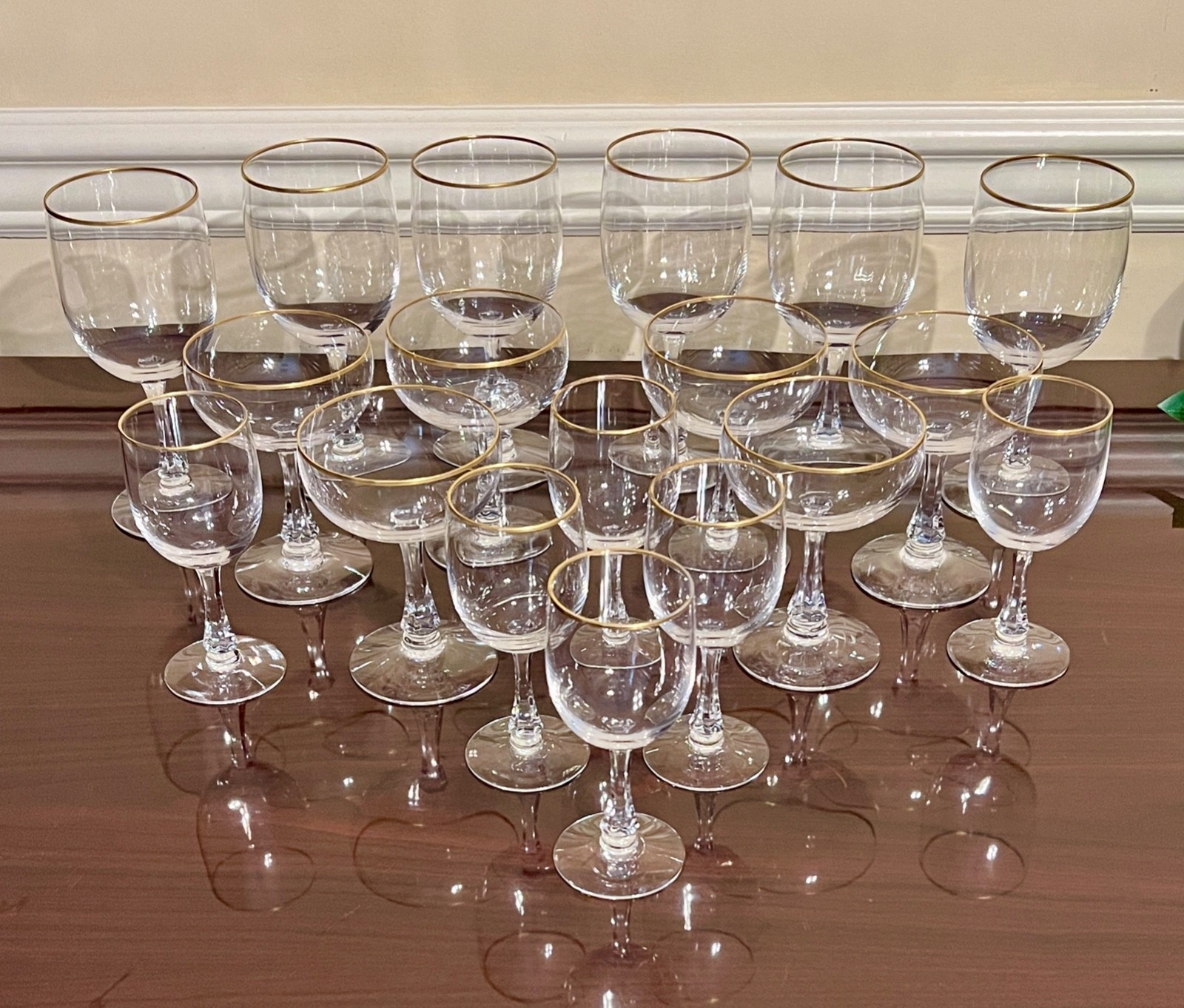 Vintage 18 Pc. Set of Fostoria CLASSIC GOLD Water Wine Champagne Glasses Stems