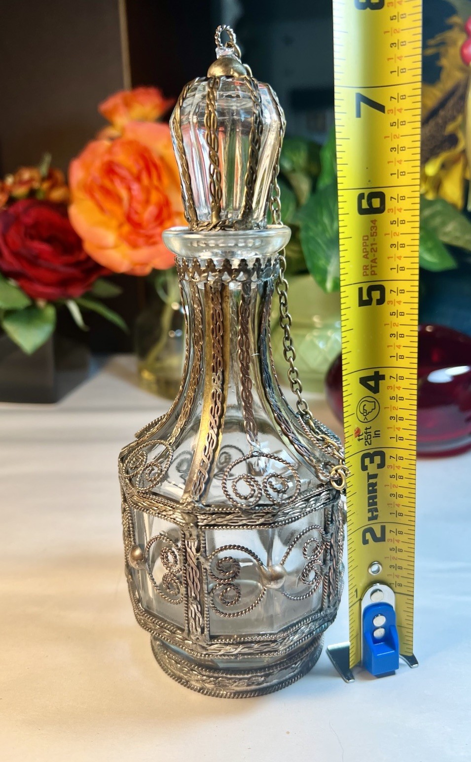 VTG GLASS BOTTLE SILVER PLATED, BRASS, COPPER OVERLAY BOTTLE 1900's UNIQUE