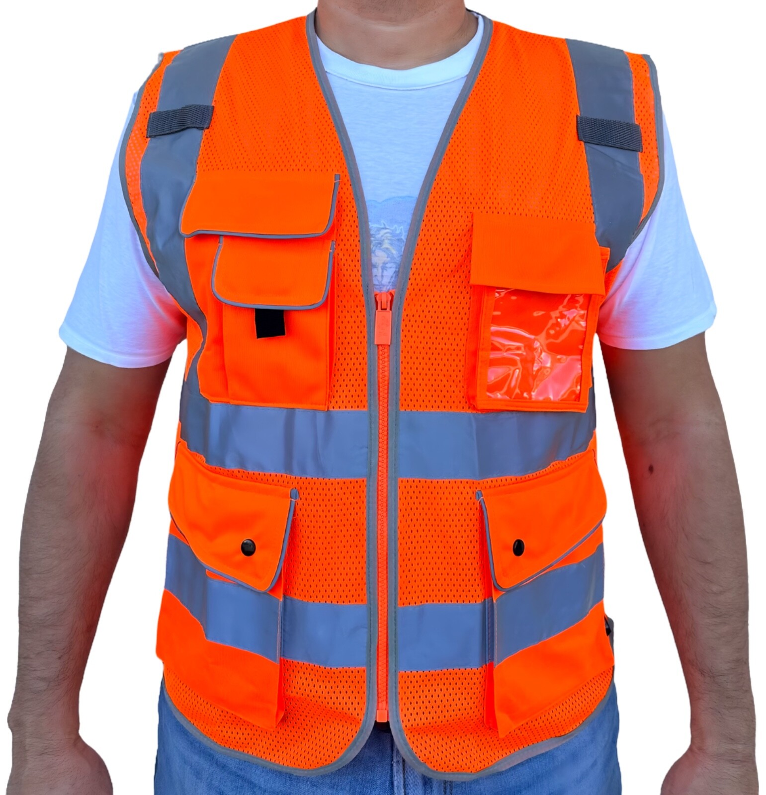 Orange Mesh High Visibility Safety Vest, ANSI/ ISEA 107-2020 With 5 Pockets