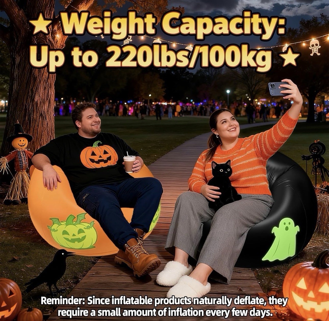 Inflatable Bean Bag Chair Sofa for with Pumpkin Pattern Glow in The Dark, Blo...