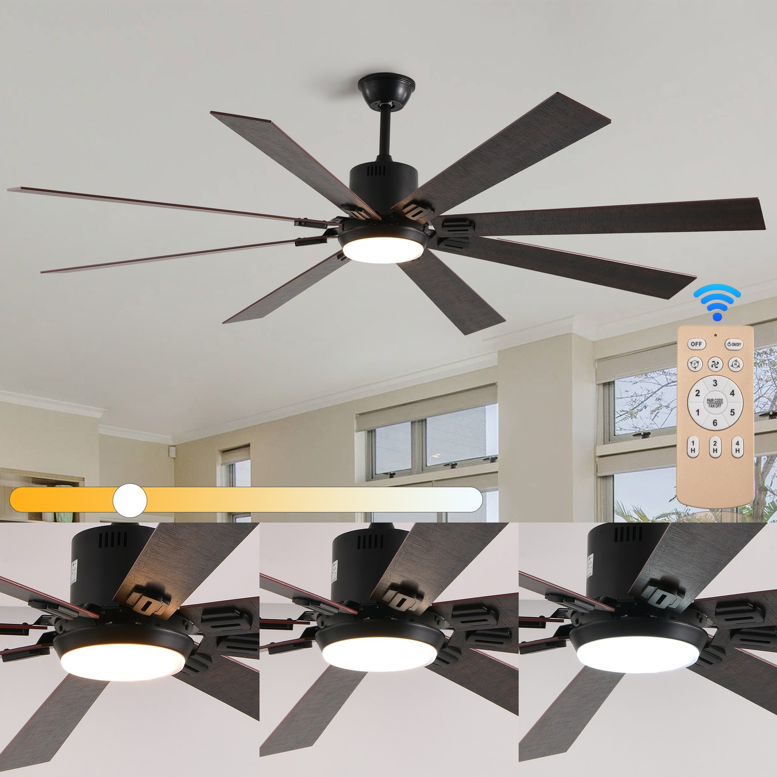 72 in Walnut Black Ceiling Fan with Light, Remote, Reversible Motor