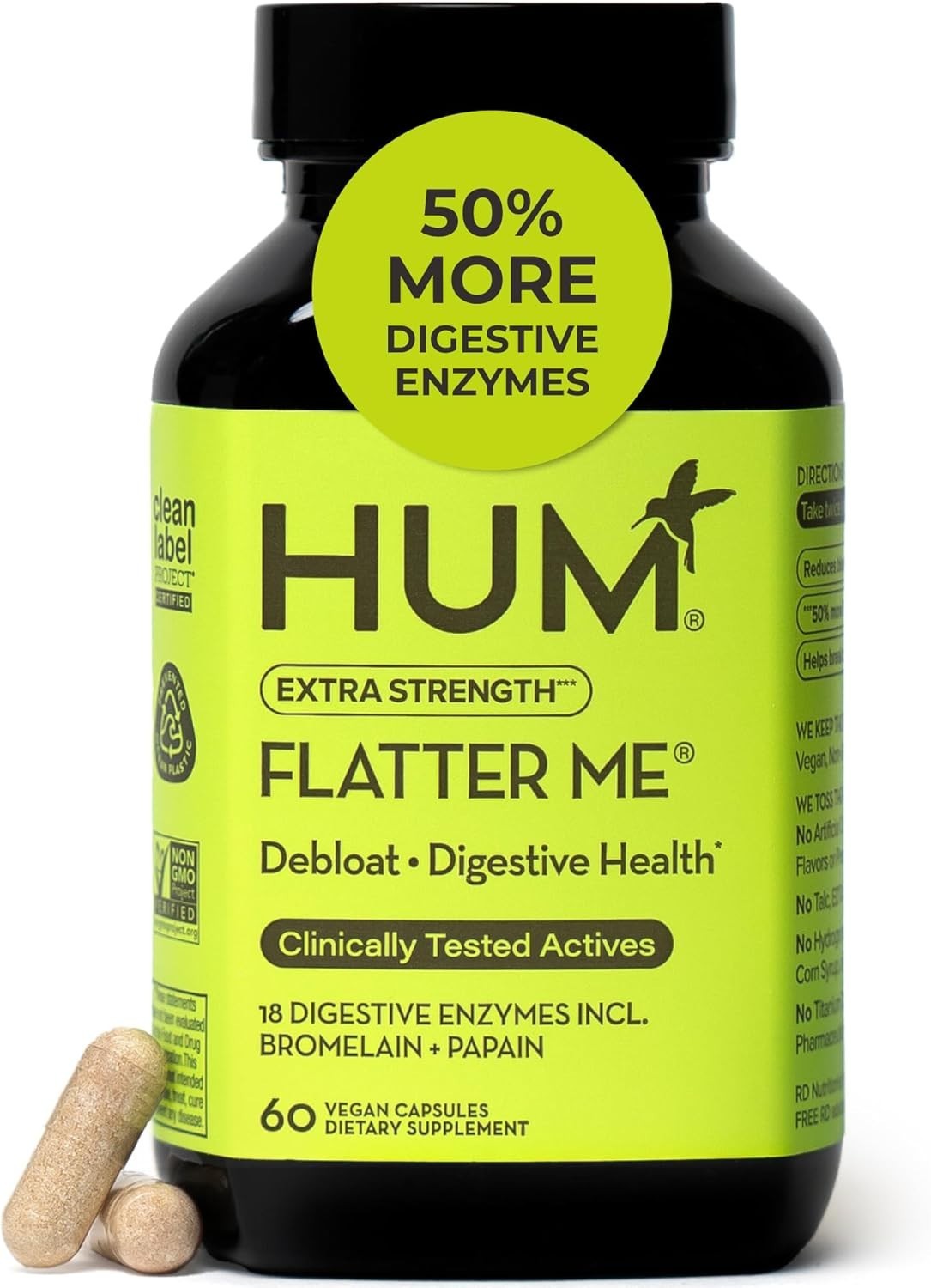 HUM Flatter Me Extra Strength Digestive Enzymes 60 Servings Free Shipping US