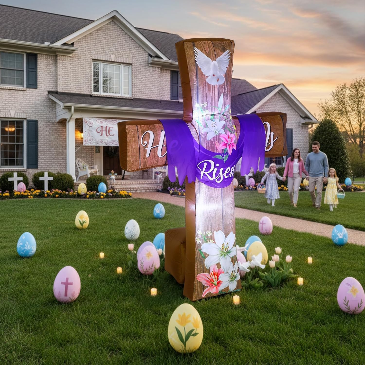 6Ft Easter Inflatables Outdoor Decorations He Is Risen Blow up Cross Yard Decora