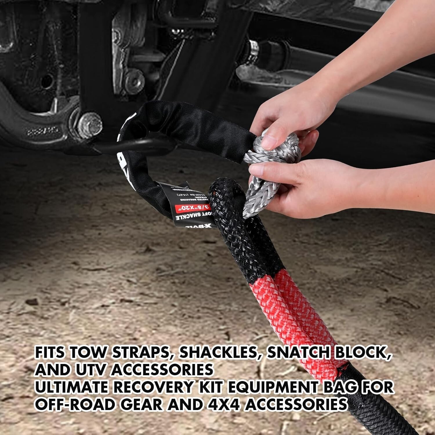 X-BULL Kinetic Rope Recovery Kit 30ft rope Soft Shackles Heavy Gloves 4WD Car