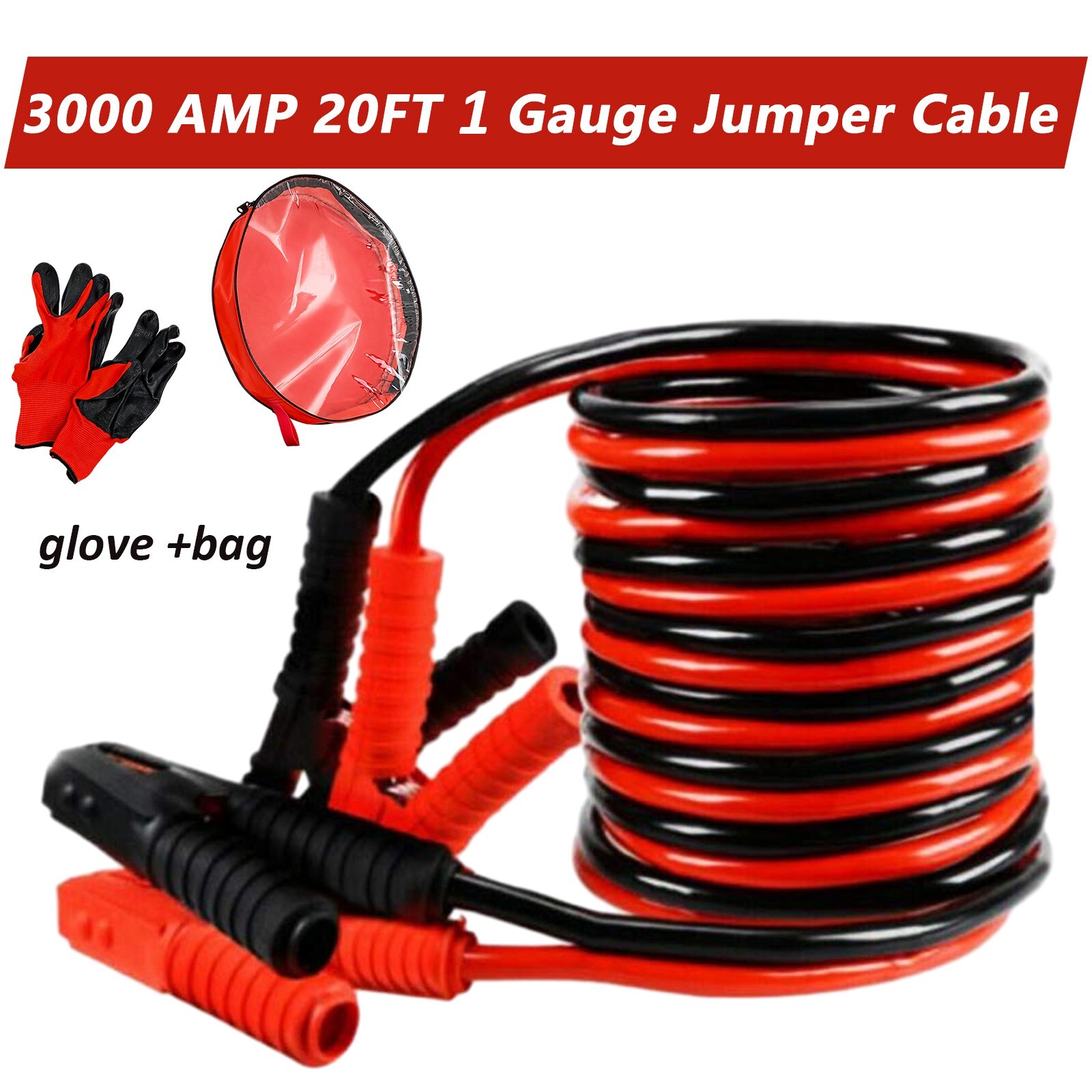 Auto Jumper Cables 1 Gauge 3000AMP 20Ft , Automotive Booster Cables for Car Van