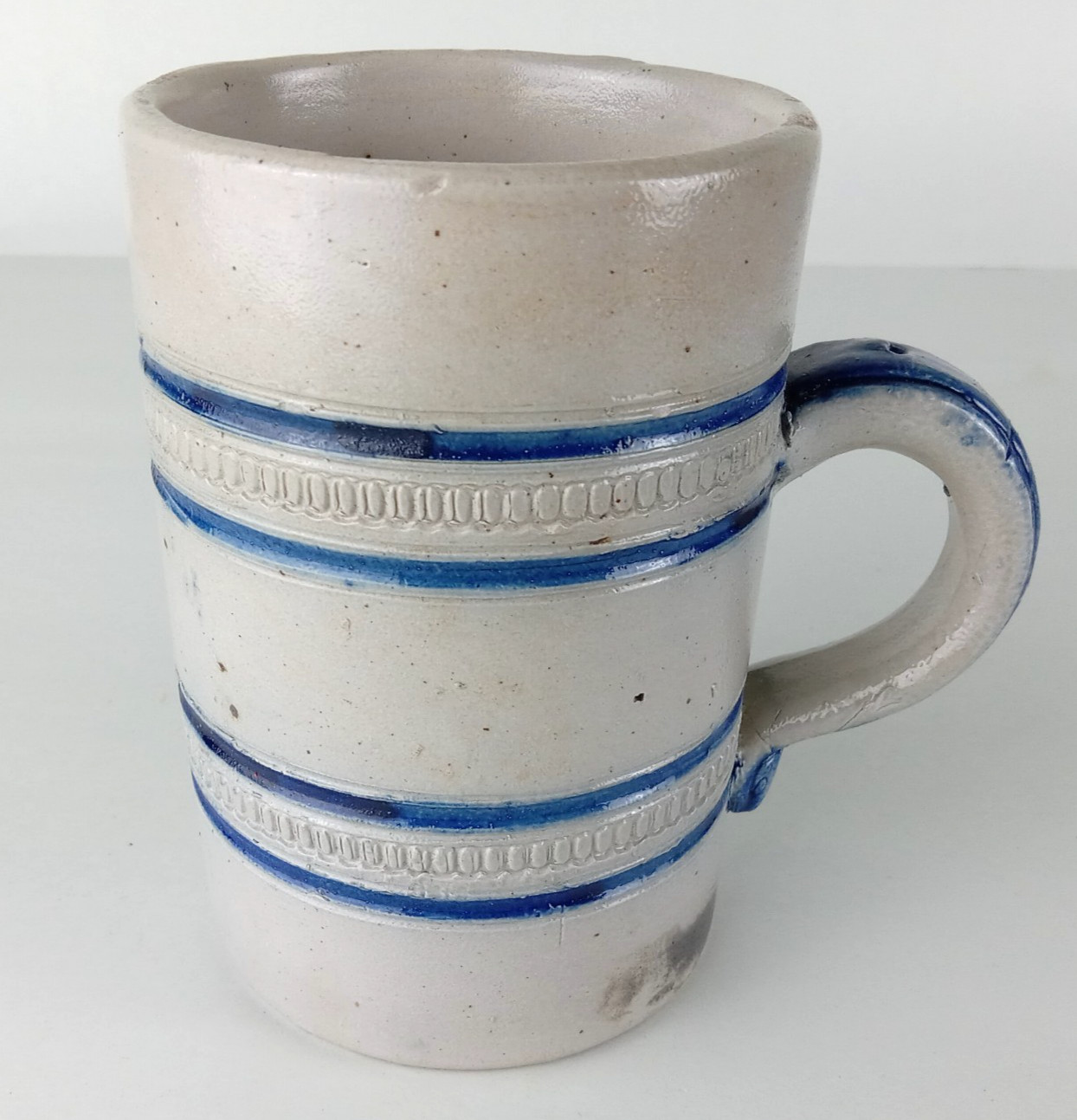 Antique German Salt Glazed Cobalt Decorated Stoneware Mug 5" Marked