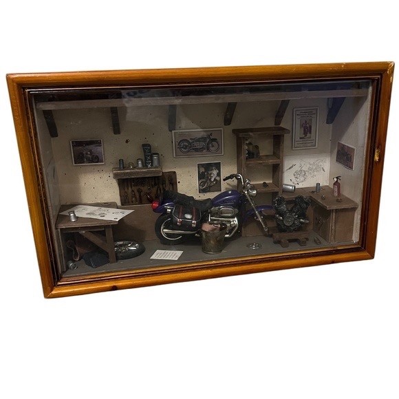 Vintage Motorcycle Garage Shop Diorama Shadow Box.