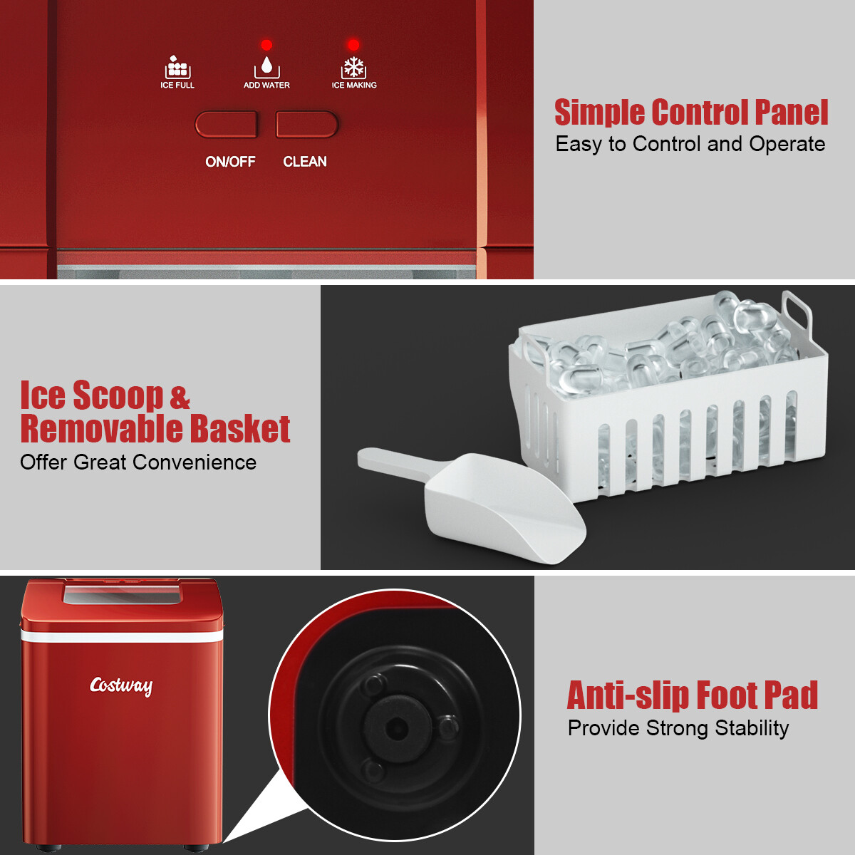 Portable Ice Maker Machine Countertop 26Lbs/24H Self-cleaning w/ Scoop Red
