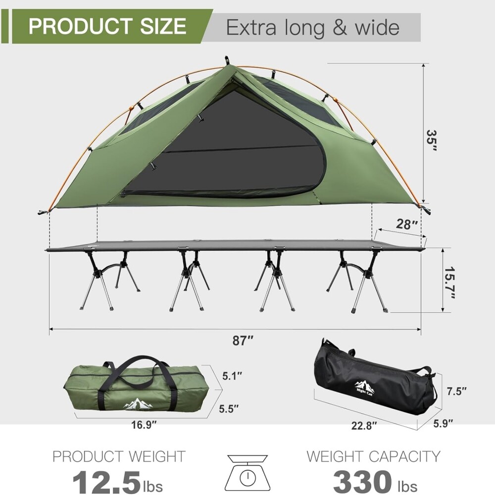 Night Cat Camping Cot Tent Waterproof 1-Person Off-Ground Combo Cot Bed