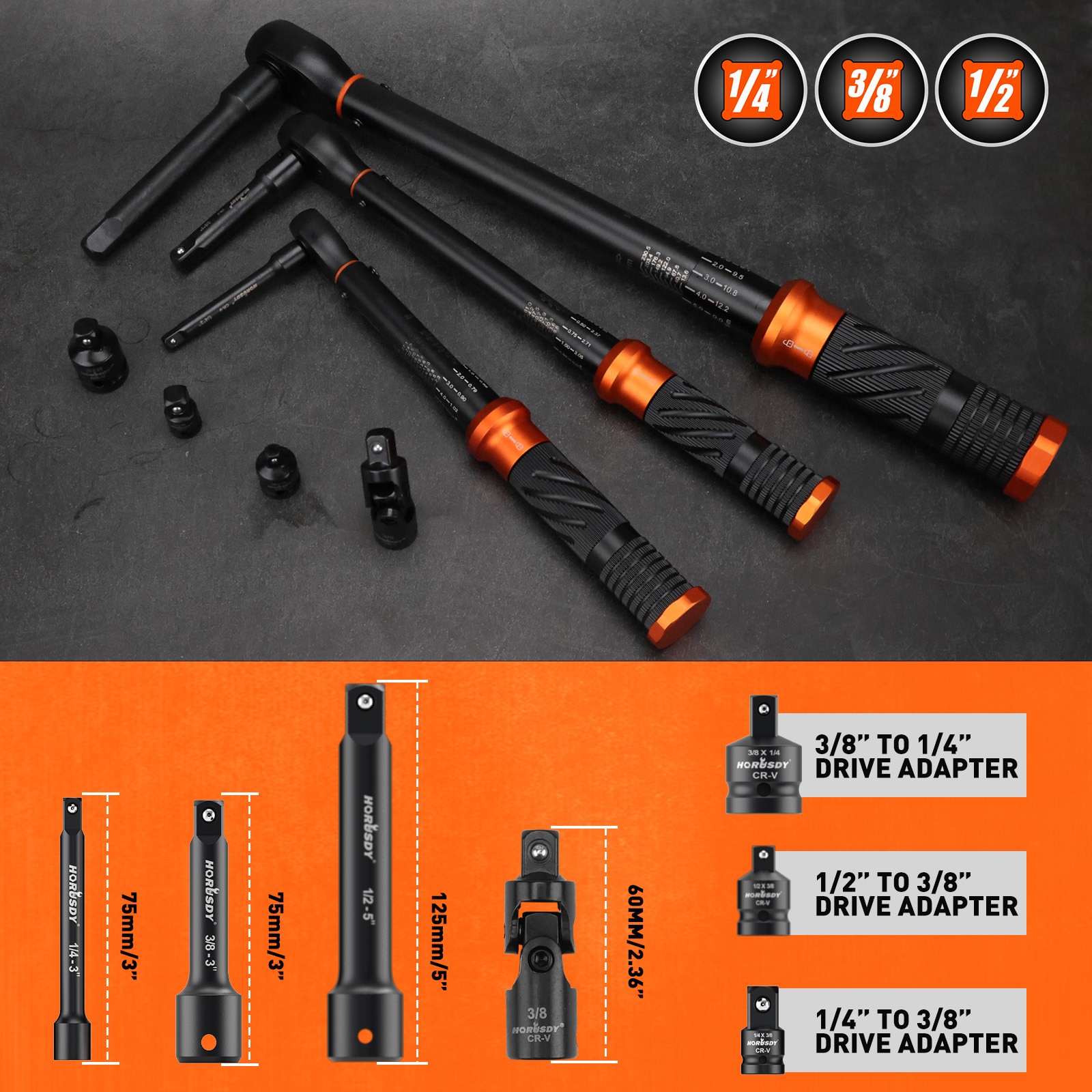 Torque Wrench Adjustable Torque Wrench 1/2" & 3/8" & 1/4" Drive Reversible Cr-V