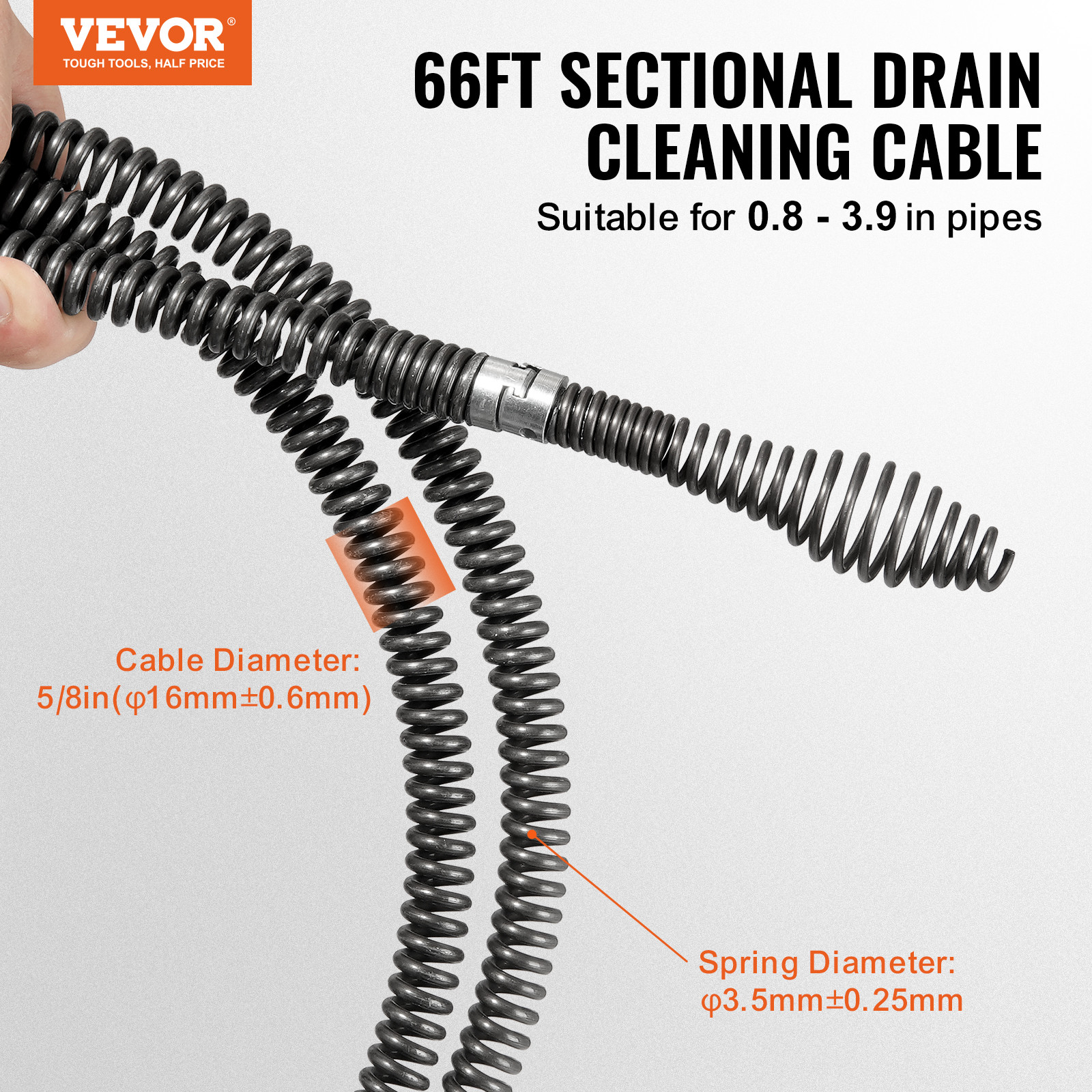 VEVOR Sectional Drain Cleaning Cable 66FTx5/8In & 7 Cutters for 0.8"-3.9" Pipes