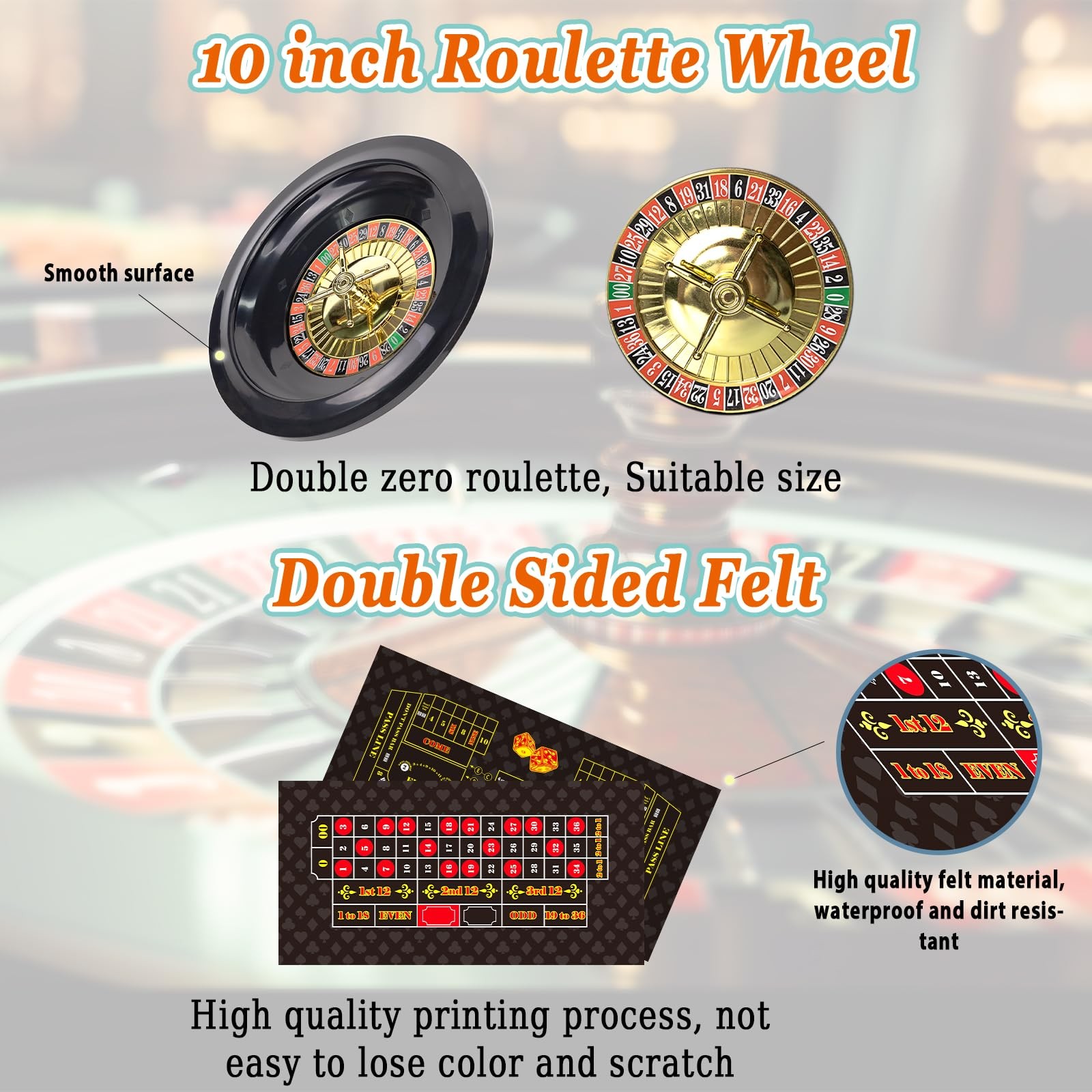Roulette Wheel and Craps Set with Large Double Sided Felt, 10 Inch Roulette W...