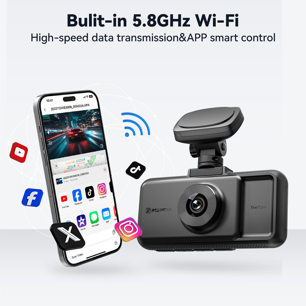 REDTIGER A6 3 Channel Dash Cam, 2.5K+1080P+1080P, 5.8GHz WiFi,3" Touch Screen