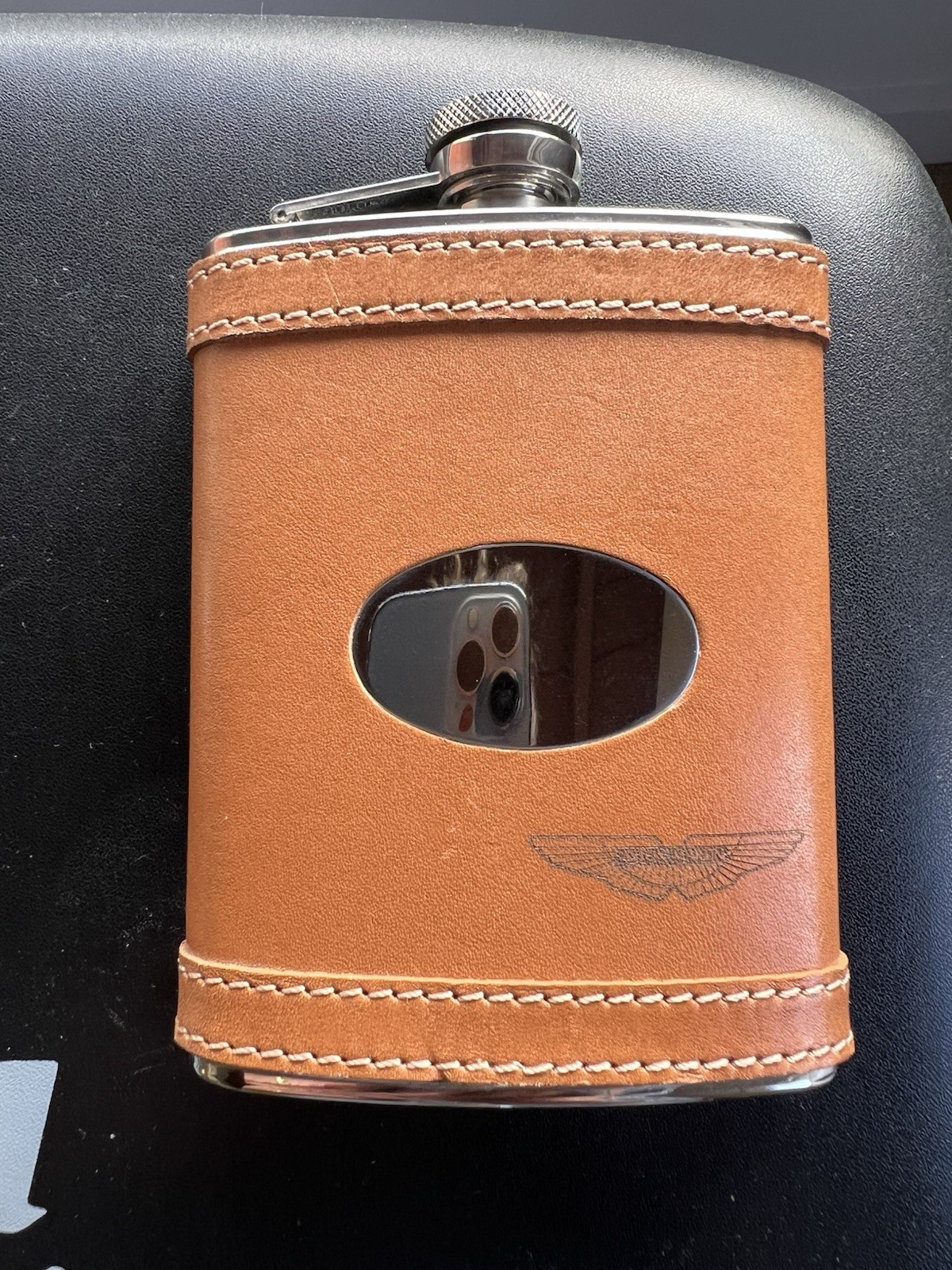 Aston Martin Leather And Stainless 7 oz Hip Flask. From LA Collection With Box.