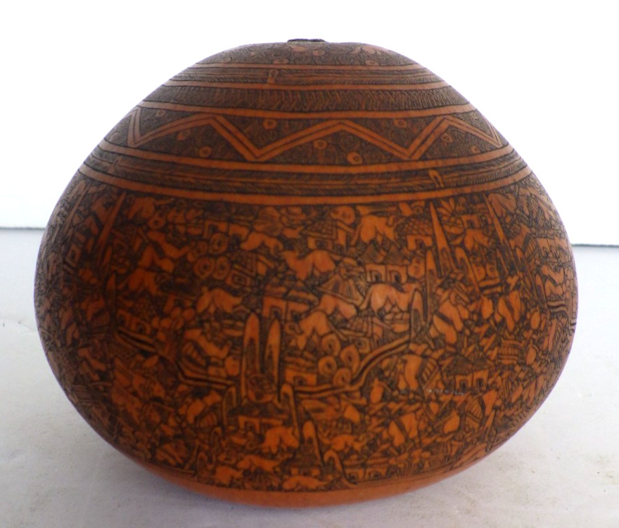 VTG Folk Art Peruvian Handcrafted Carved Gourd Intricate Detailed Story Telling