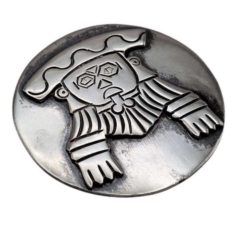 Vintage Taxco 980 Sterling Silver Mexico Round Etched Figure Brooch 1.6in 17.60g
