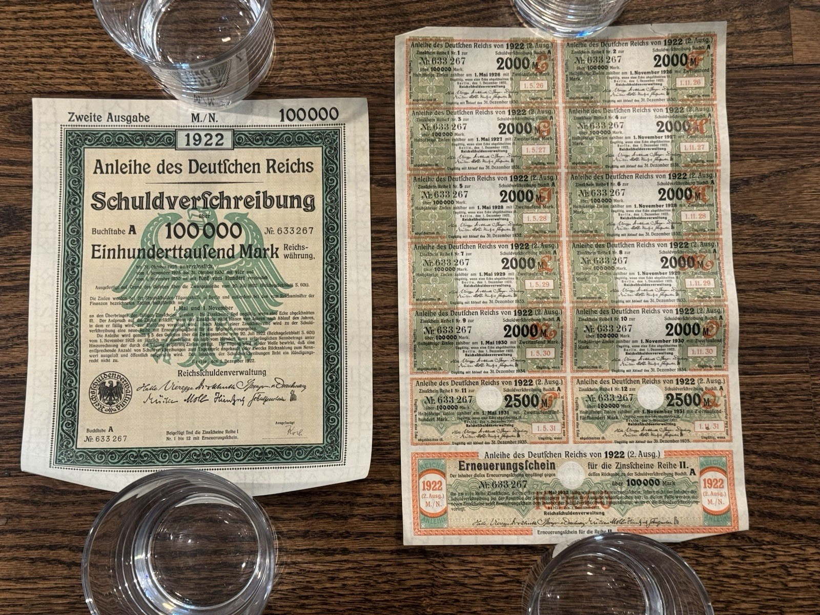 GERMANY Weimar Republic 1922 Berlin German Treasury Bond w/ Coupons 100,000 Mark