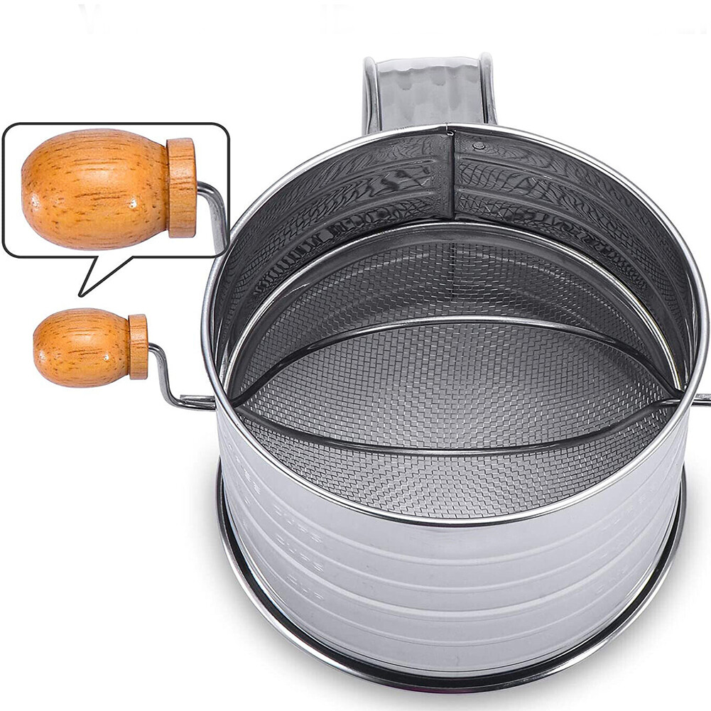 US 1-2 Pc Stainless Steel Flour Sifter Fine Mesh Rotary Hand Crank Wire Agitator