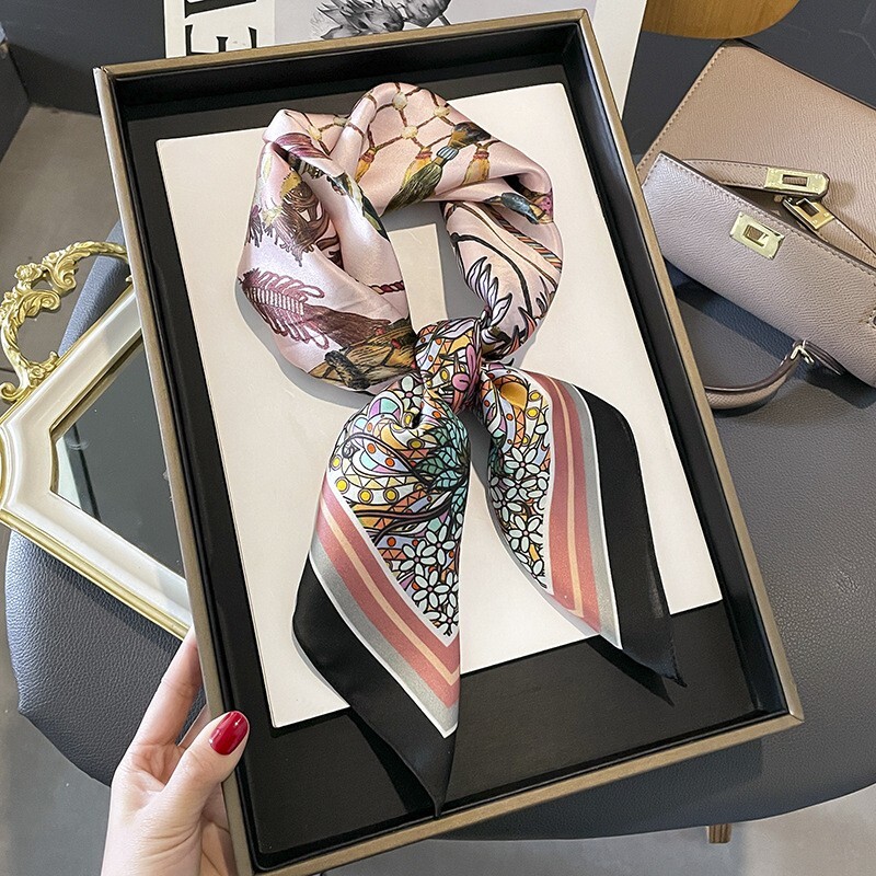 100% Silk Square Scarf Women Vintage Pink Black Kerchief Headscarf Wrap 68*68cm