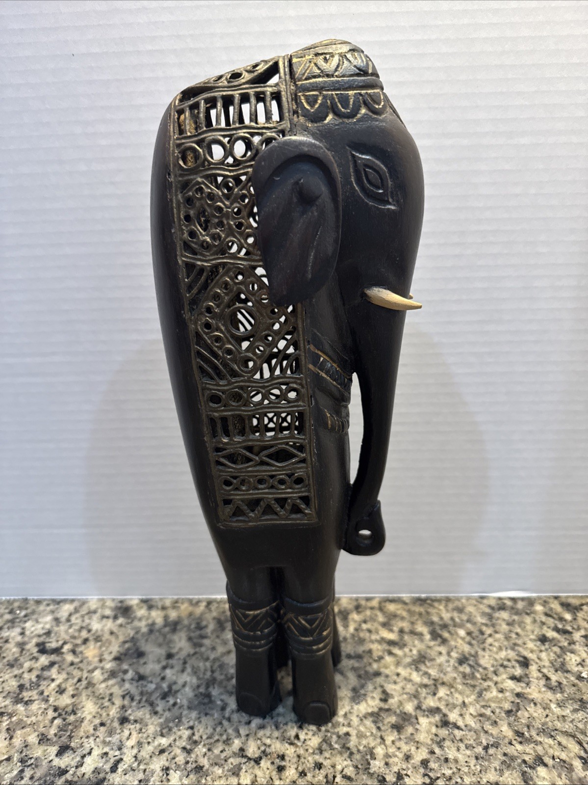 Vintage Carved Wood & Lattice Metal 12 1/2” Tall Elephant Read Description