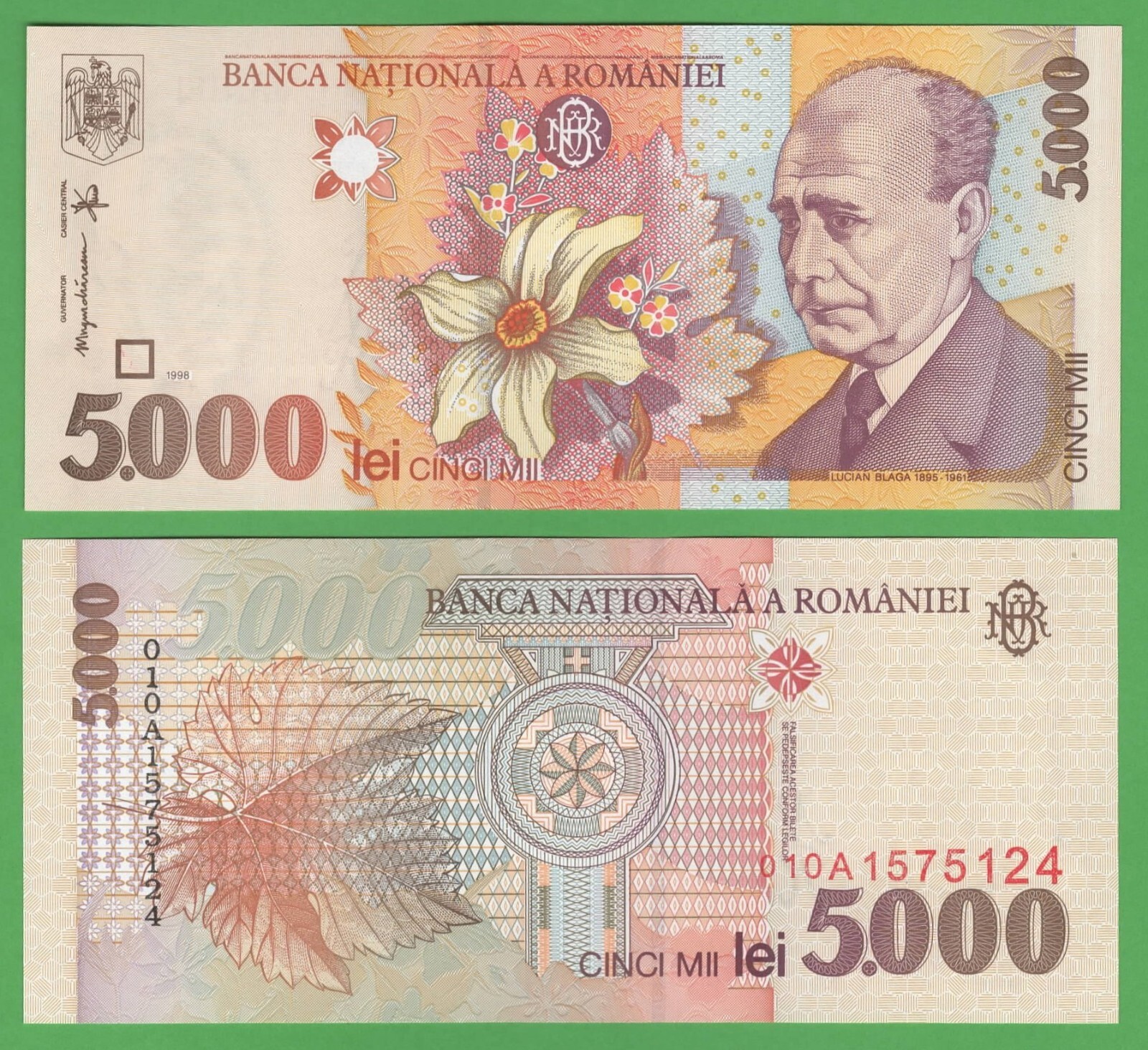 Set of 2 Romania 1000 and 5000 Leu Banknotes, 1998 P-106 P-107 Uncirculated