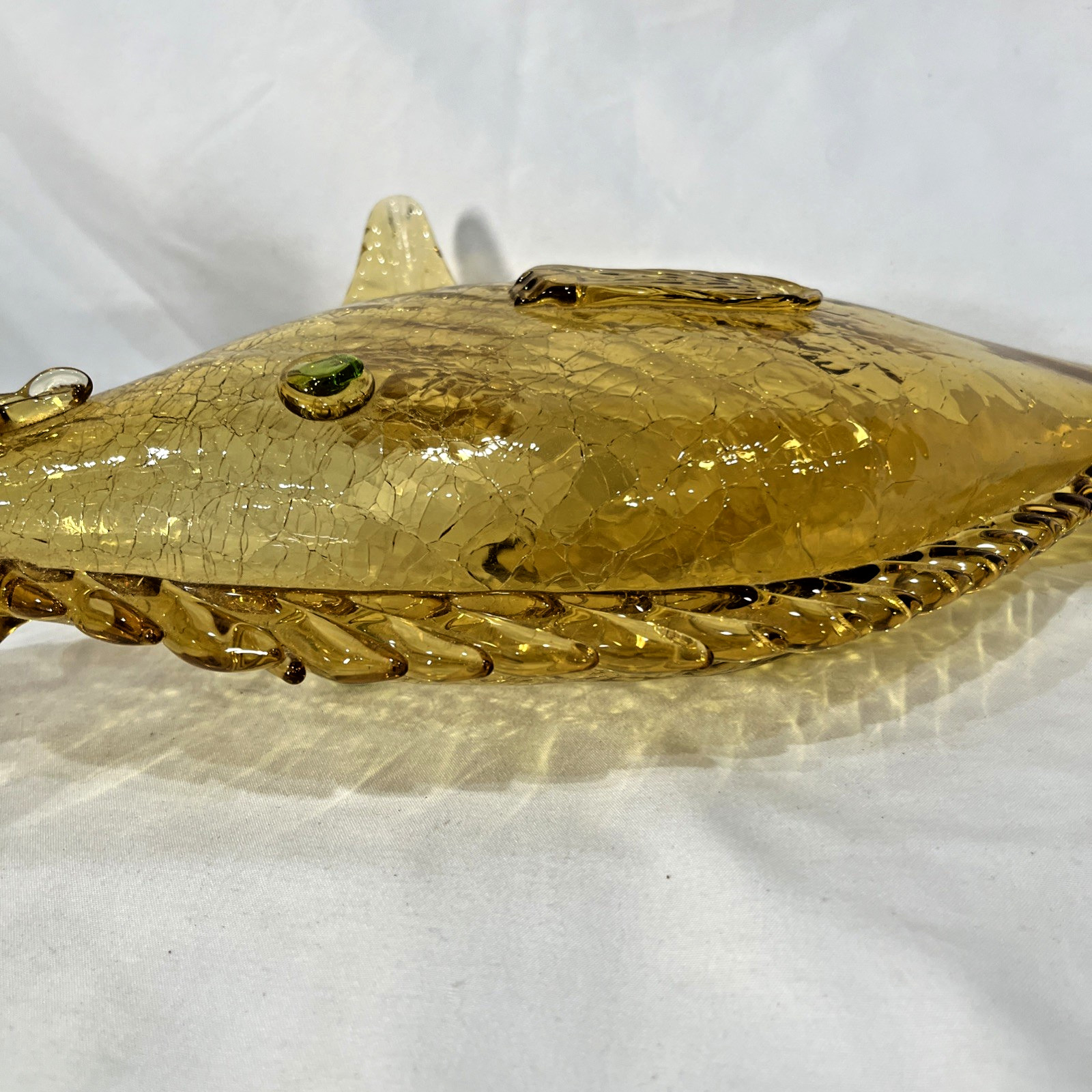 Vintage Amber Green Murano Crackle Glass Fish Decanter