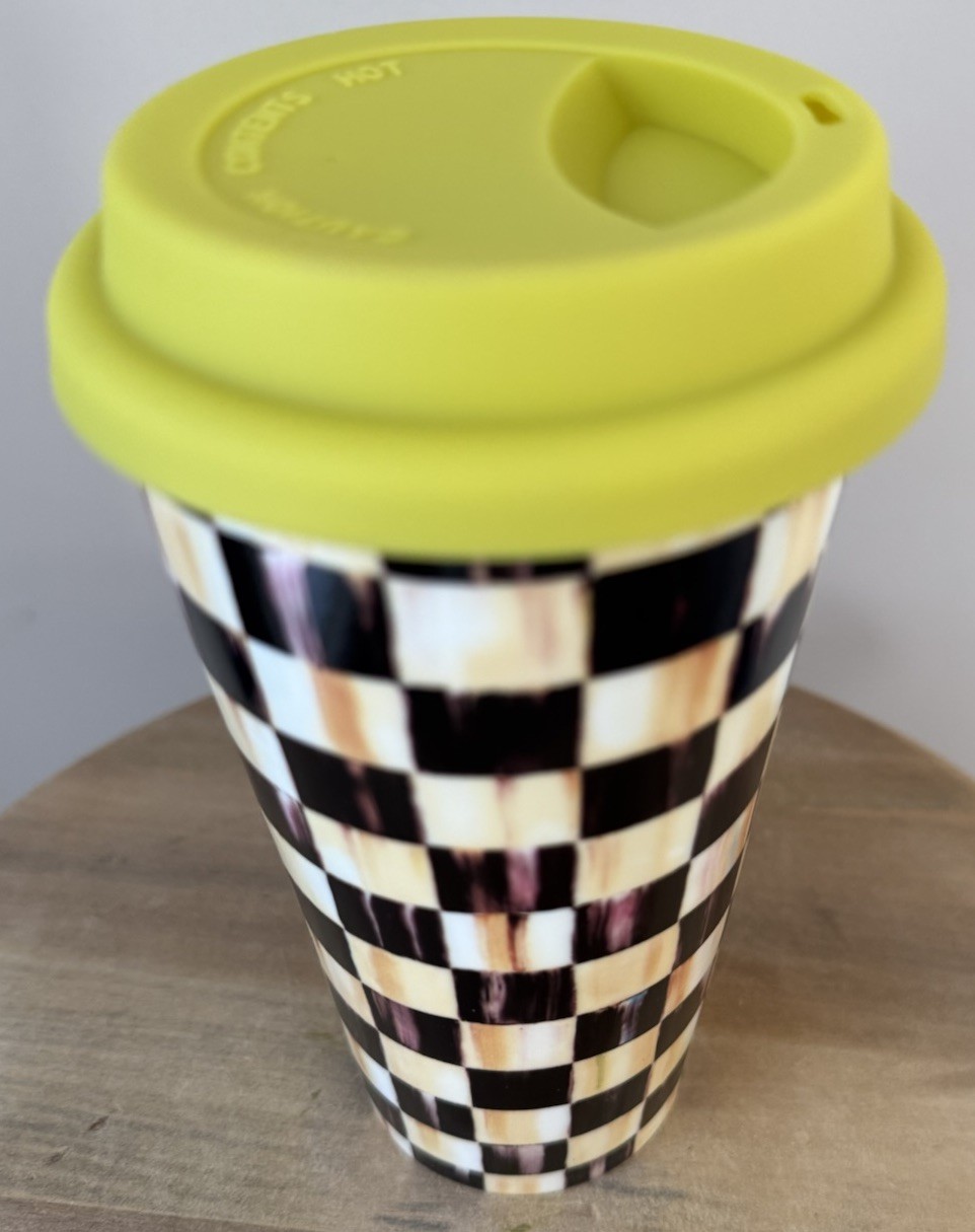 Retired Mackenzie Childs Courtly Check Porcelain Travel Mug New In Box