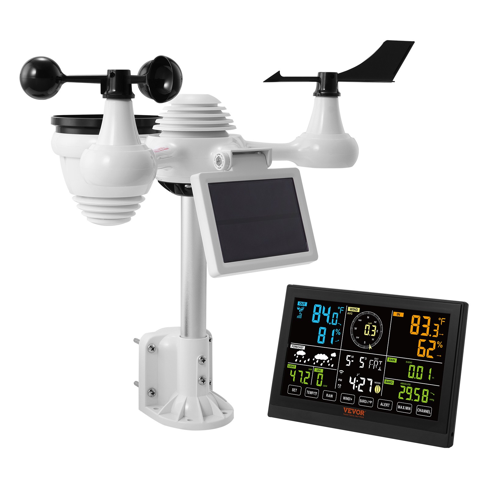 VEVOR 7-in-1 Wi-Fi Weather Station 7.5 in Color Display Wireless Outdoor Sensor