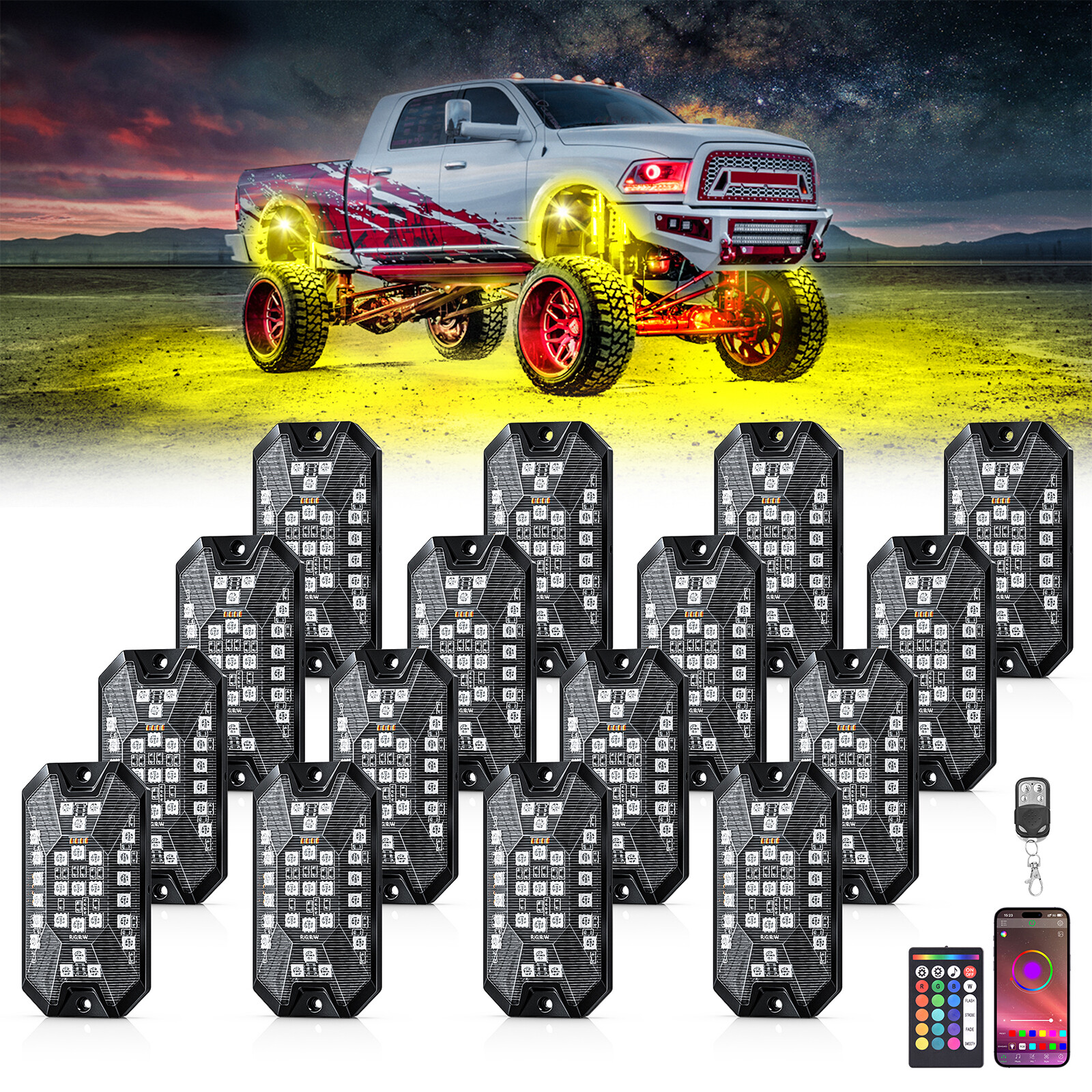 16-Pods RGBW LED Underglow Rock Lights for Trucks Cars, App & Remote Controller