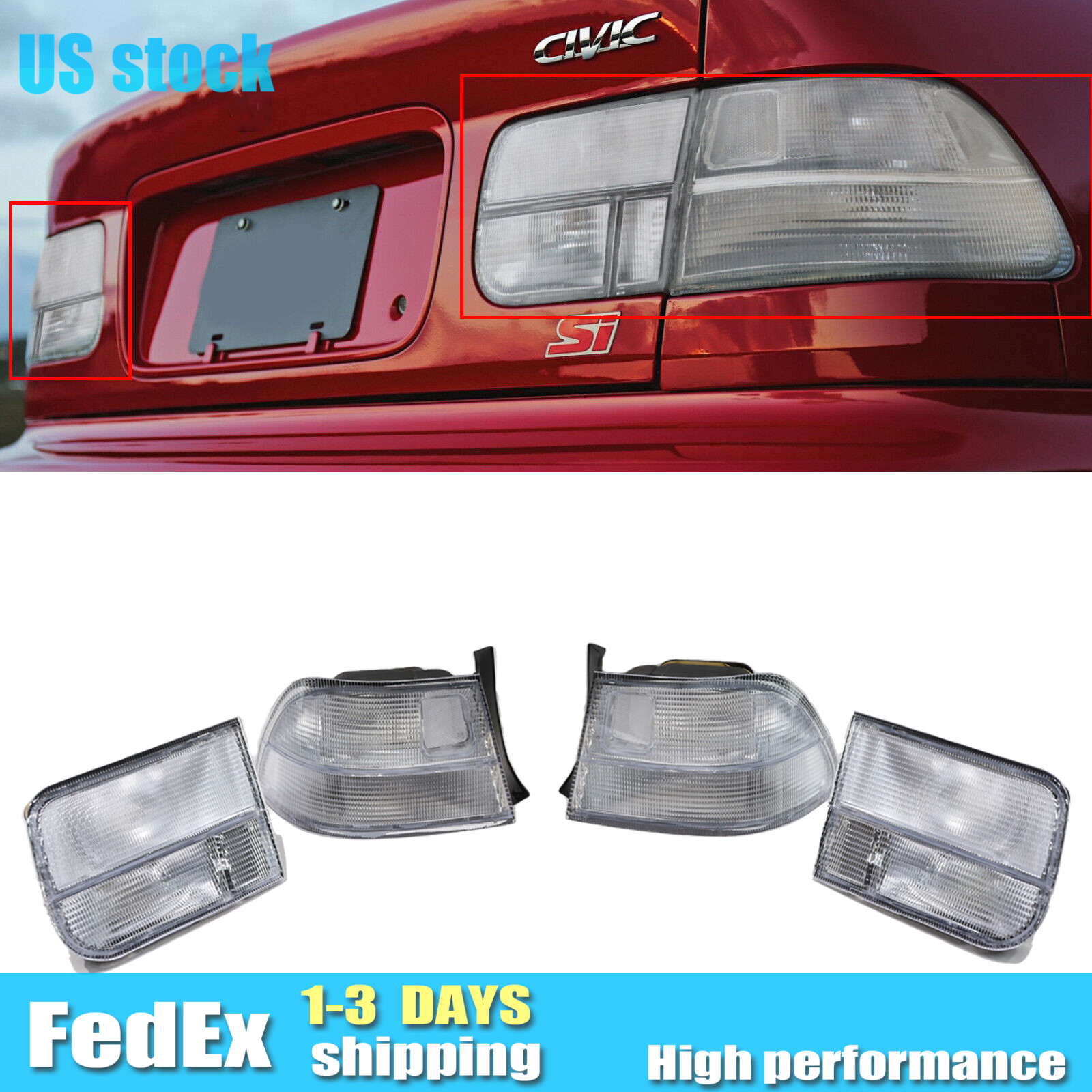JDM EK All Clear 4PCS Rear Tail Light EX Si For 1996-2000 Honda Civic 2D Coupe