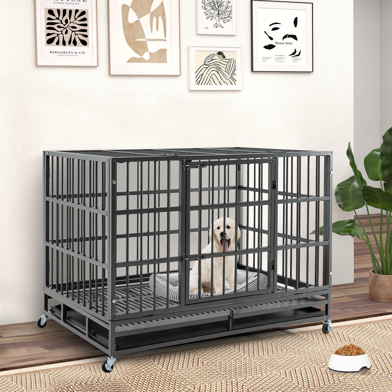 48" Foldable Heavy-Duty Metal Dog Cage W/ Lockable Rolling Casters Black