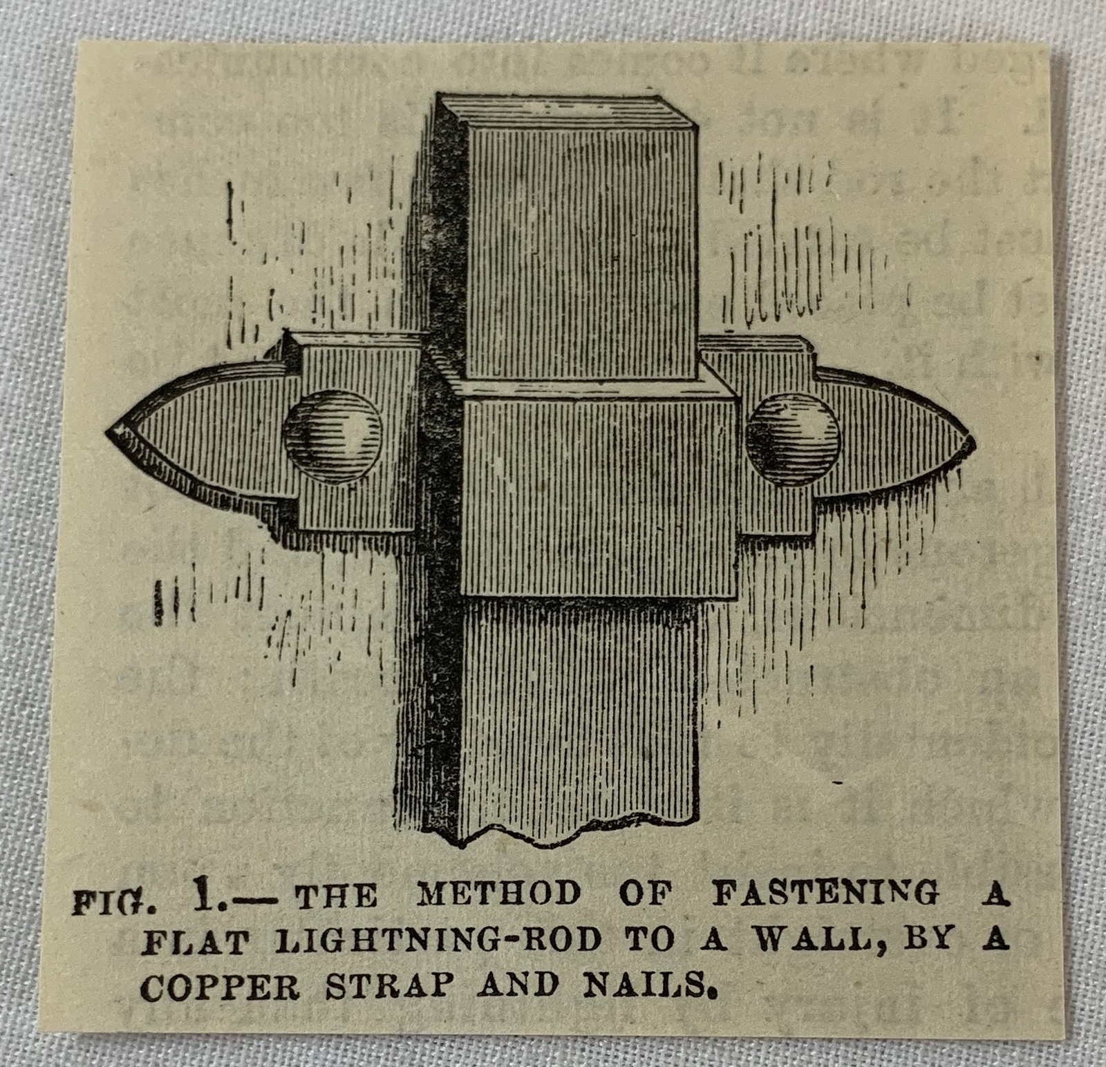 small 1882 magazine engraving ~ METHOD OF FASTENING FLAT LIGHTNING-ROD TO WALL