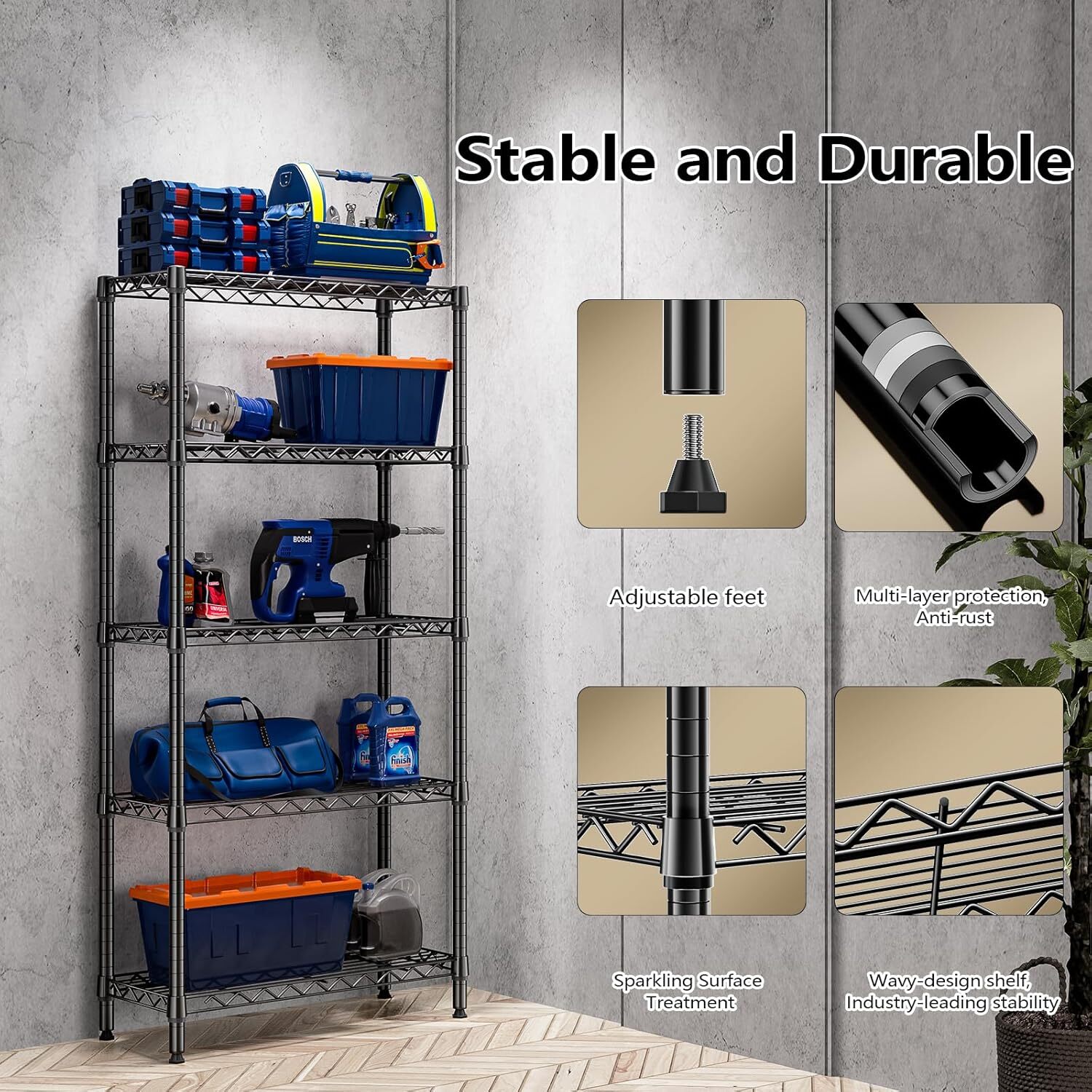 5 Tier Wire Storage Shelf Unit Steel Shelving Black Wire Pantry Shelves 12*28*58