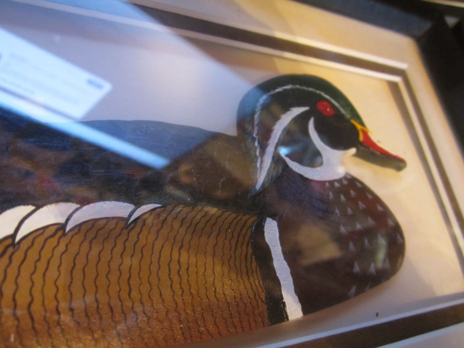 2001 DUCKS UNLIMITED $5 STAMP SET W/ CARVED FIGURE FRAMED 11”x 9”x1” VG