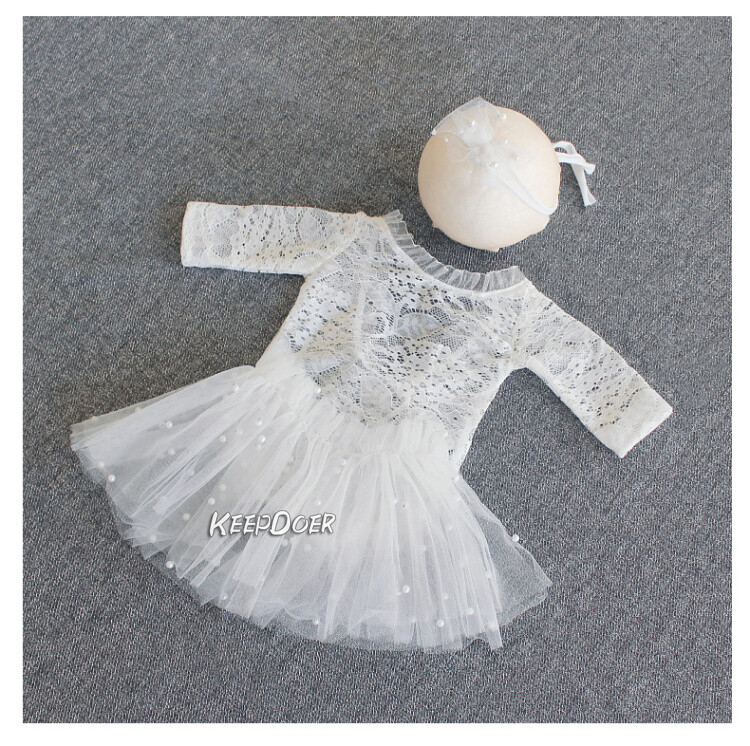 Newborn Baby Girl Lace Pearl Dress Skirt Headband Photography Props Photo Shoot