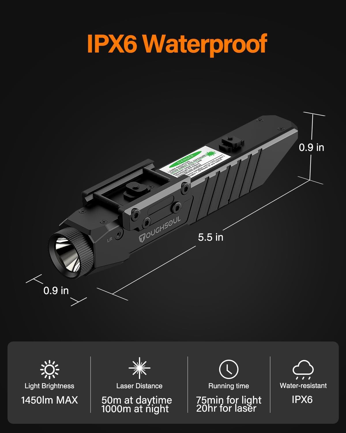 TOUGHSOUL 1450 Lumens Dual Rail Tactical Flashlight with Red/Green Laser Sight