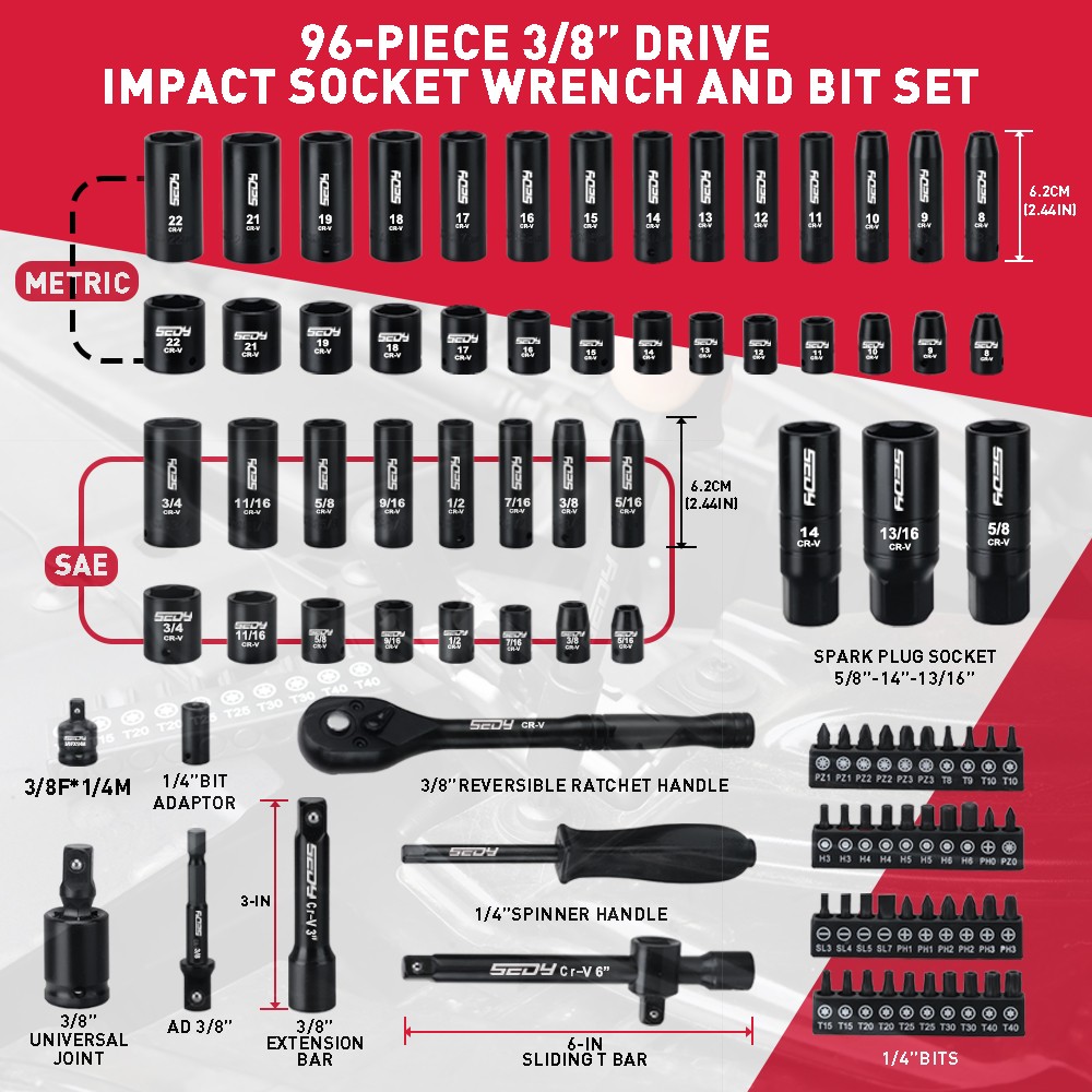 96PC 3/8" Drive Impact Socket Wrench and Bit Set Standard & Deep SAE & Metric