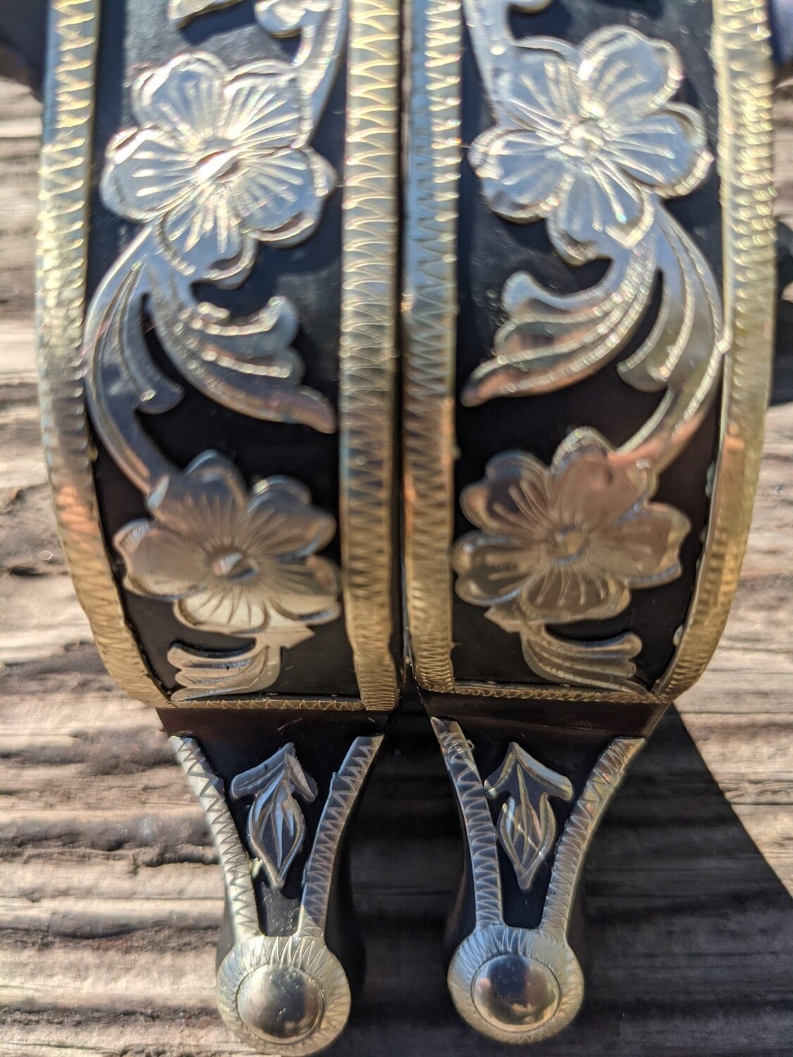 Western Ball End Spurs - Black Iron and Silver Floral