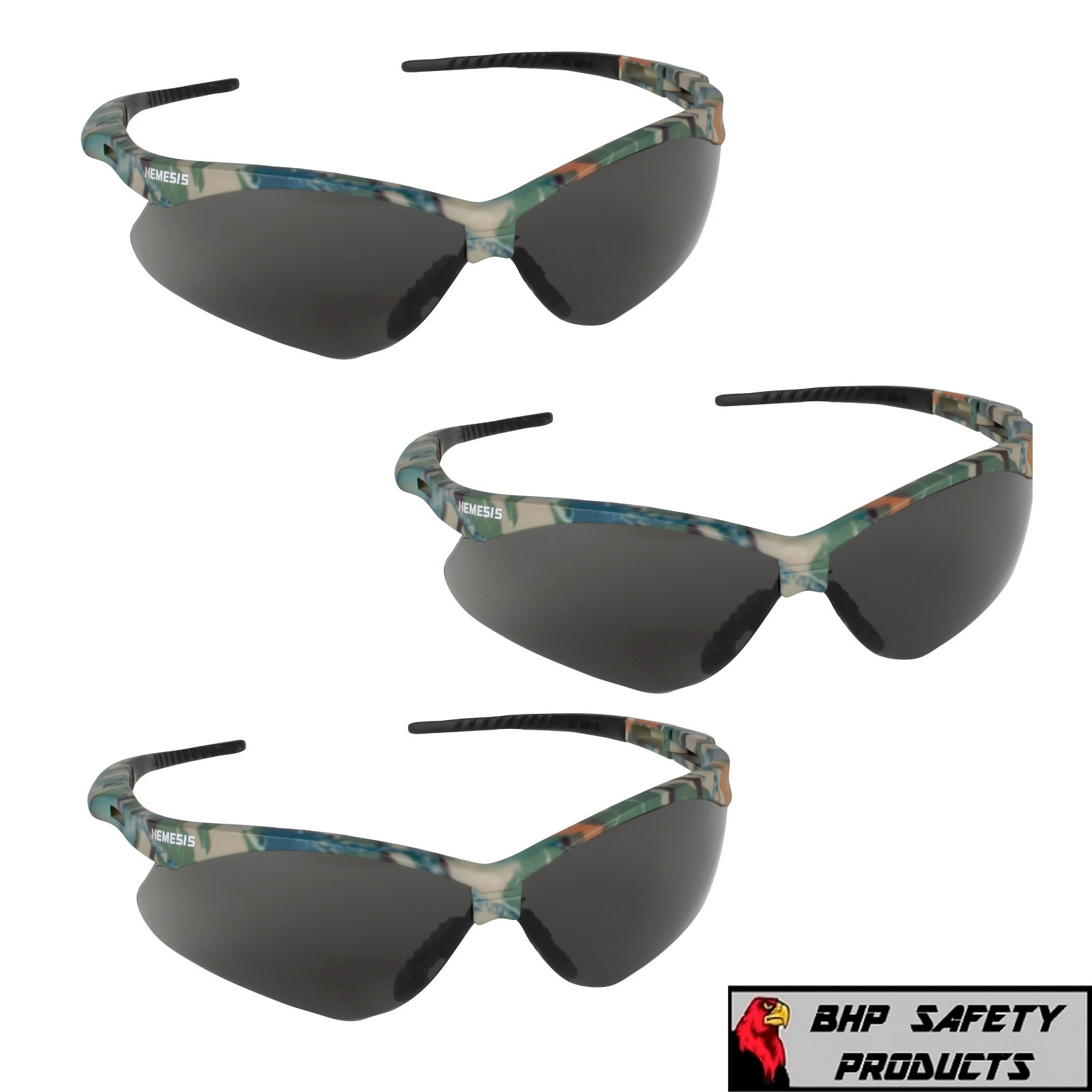 (3 PAIR) KLEENGUARD NEMESIS SAFETY GLASSES CAMO FRAME SMOKE ANTI-FOG LENS 22609