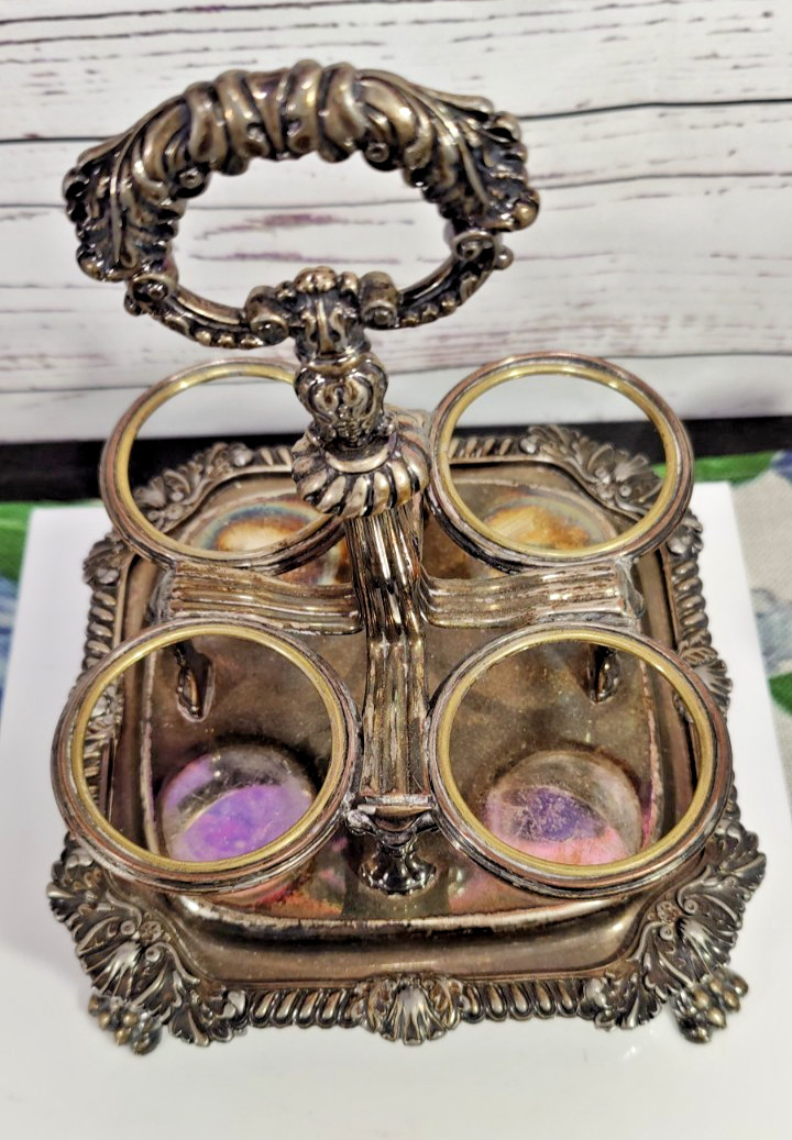 Antique Victorian Era Sliver Plated Four Cut Crystal Bottles Cruet Set